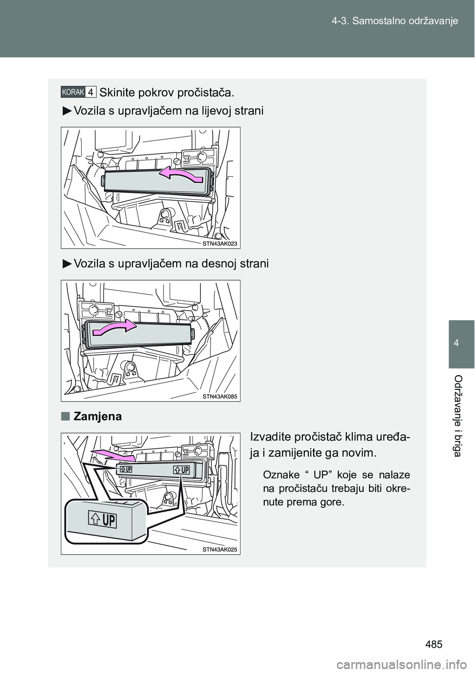 TOYOTA VERSO 2017 Upute Za Rukovanje (in Croatian) 485 4-3. Samostalno održavanje
4
Održavanje i briga
Skinite pokrov pročistača.
Vozila s upravljačem na lijevoj strani
Vozila s upravljačem na desnoj strani
nZamjena
Izvadite pročistač klima ur TOYOTA VERSO 2017 Upute Za Rukovanje (in Croatian) 485 4-3. Samostalno održavanje
4
Održavanje i briga
Skinite pokrov pročistača.
Vozila s upravljačem na lijevoj strani
Vozila s upravljačem na desnoj strani
nZamjena
Izvadite pročistač klima ur