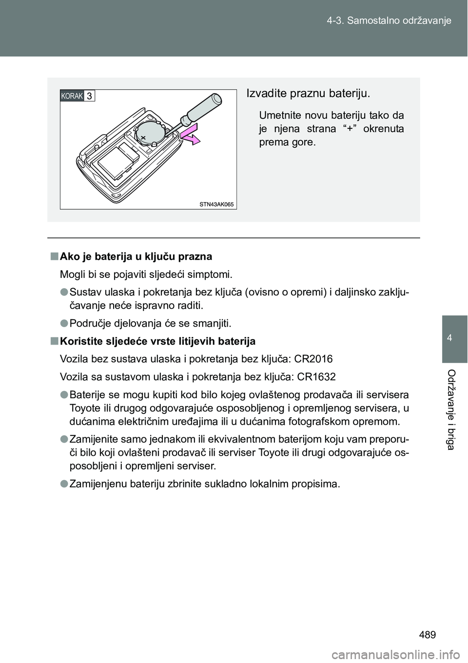 TOYOTA VERSO 2017 Upute Za Rukovanje (in Croatian) 489 4-3. Samostalno održavanje
4
Održavanje i briga
nAko je baterija u ključu prazna
Mogli bi se pojaviti sljedeći simptomi.
lSustav ulaska i pokretanja bez ključa (ovisno o opremi) i daljinsko z TOYOTA VERSO 2017 Upute Za Rukovanje (in Croatian) 489 4-3. Samostalno održavanje
4
Održavanje i briga
nAko je baterija u ključu prazna
Mogli bi se pojaviti sljedeći simptomi.
lSustav ulaska i pokretanja bez ključa (ovisno o opremi) i daljinsko z
