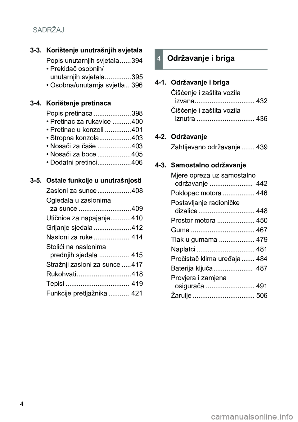 TOYOTA VERSO 2017  Upute Za Rukovanje (in Croatian) SADRŽAJ
4
3-3.Korištenje unutrašnjih svjetala
Popis unutarnjih svjetala ...... 394
• Prekidač osobnih/ 
unutarnjih svjetala.............. 395
• Osobna/unutarnja svjetla ..  396
3-4. Korištenj