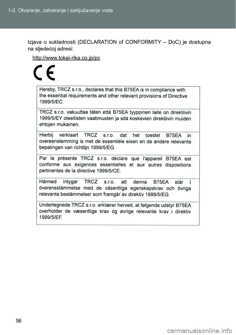 TOYOTA VERSO 2017  Upute Za Rukovanje (in Croatian) 56 1-2. Otvaranje, zatvaranje i zaključavanje vrata
Izjava  o  sukladnosti  (DECLARATION  of  CONFORMITY  –  DoC)  je  dostupna
na sljedećoj adresi:
http://www.tokai-rika.co.jp/pc 