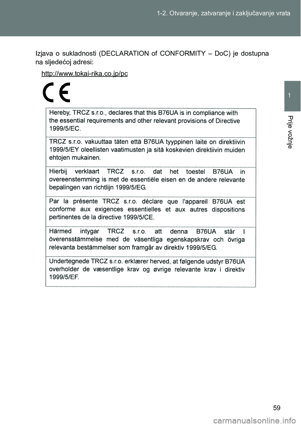 TOYOTA VERSO 2017 Upute Za Rukovanje (in Croatian) 59 1-2. Otvaranje, zatvaranje i zaključavanje vrata
1
Prije vožnje
Izjava o sukladnosti (DECLARATION of CONFORMITY – DoC) je dostupna
na sljedećoj adresi:
http://www.tokai-rika.co.jp/pc TOYOTA VERSO 2017 Upute Za Rukovanje (in Croatian) 59 1-2. Otvaranje, zatvaranje i zaključavanje vrata
1
Prije vožnje
Izjava o sukladnosti (DECLARATION of CONFORMITY – DoC) je dostupna
na sljedećoj adresi:
http://www.tokai-rika.co.jp/pc
