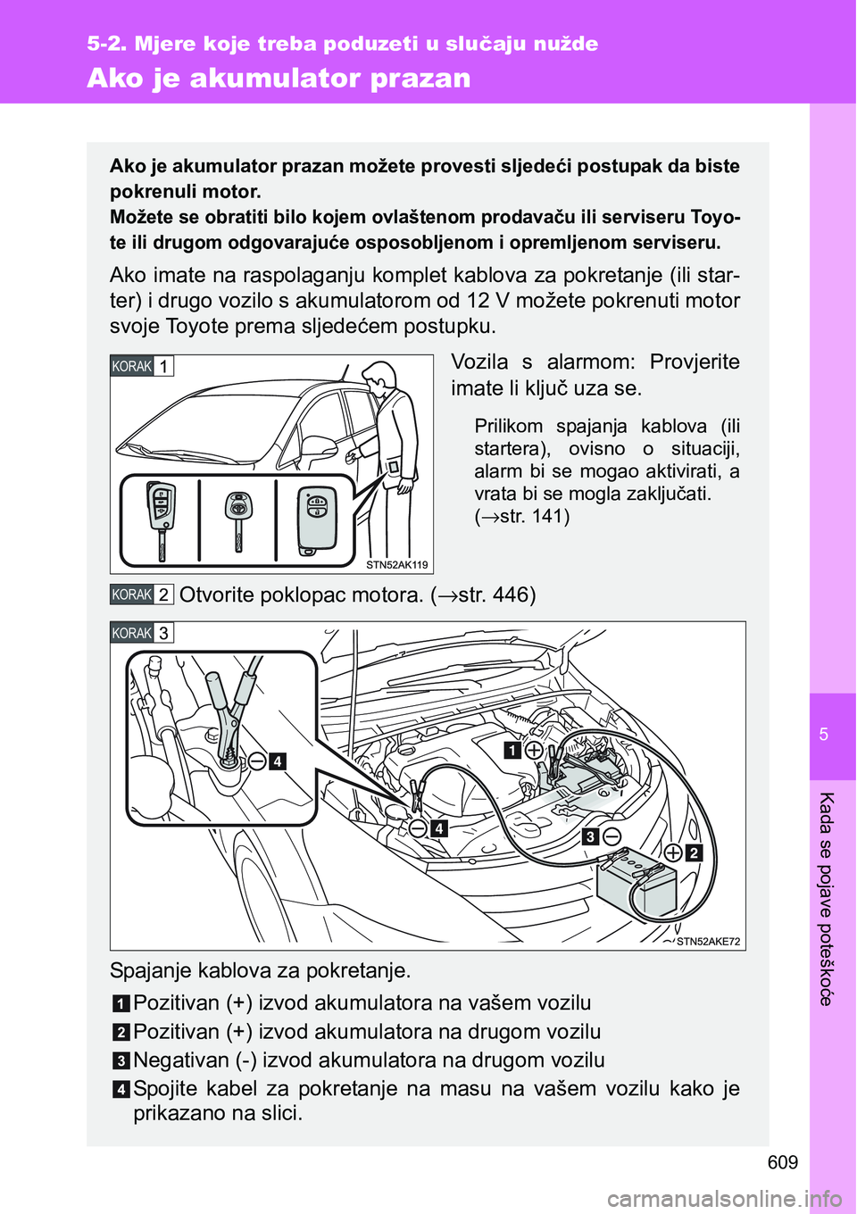TOYOTA VERSO 2017 Upute Za Rukovanje (in Croatian) 5
609
5-2. Mjere koje treba poduzeti u slučaju nužde
Kada se pojave poteškoće
Ako je akumulator prazan
Ako je akumulator prazan možete provesti sljedeći postupak da biste
pokrenuli motor.
Možet TOYOTA VERSO 2017 Upute Za Rukovanje (in Croatian) 5
609
5-2. Mjere koje treba poduzeti u slučaju nužde
Kada se pojave poteškoće
Ako je akumulator prazan
Ako je akumulator prazan možete provesti sljedeći postupak da biste
pokrenuli motor.
Možet