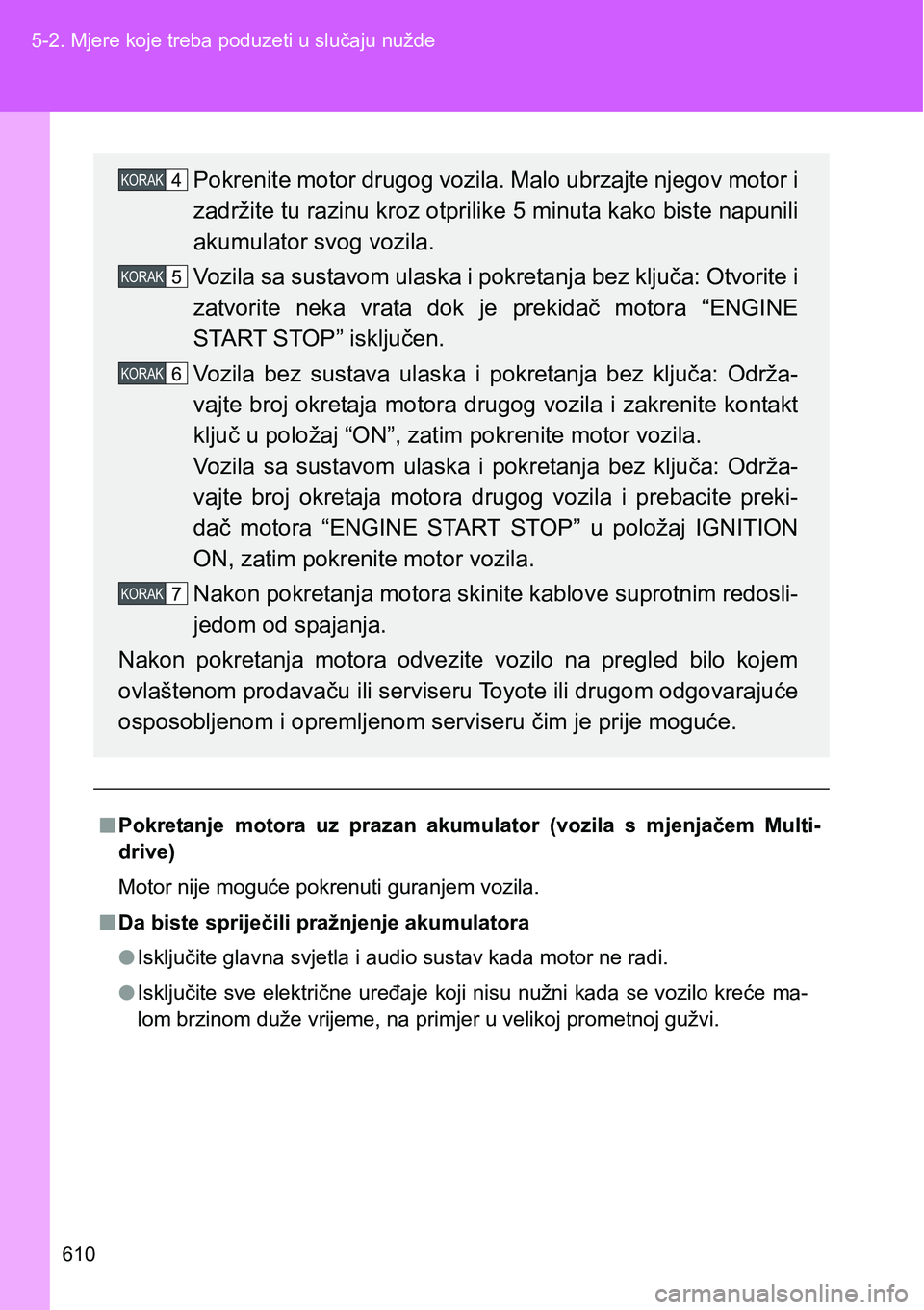 TOYOTA VERSO 2017 Upute Za Rukovanje (in Croatian) 610 5-2. Mjere koje treba poduzeti u slučaju nužde
nPokretanje motora uz prazan akumulator (vozila s mjenjačem Multi-
drive)
Motor nije moguće pokrenuti guranjem vozila.
nDa biste spriječ TOYOTA VERSO 2017 Upute Za Rukovanje (in Croatian) 610 5-2. Mjere koje treba poduzeti u slučaju nužde
nPokretanje motora uz prazan akumulator (vozila s mjenjačem Multi-
drive)
Motor nije moguće pokrenuti guranjem vozila.
nDa biste spriječ