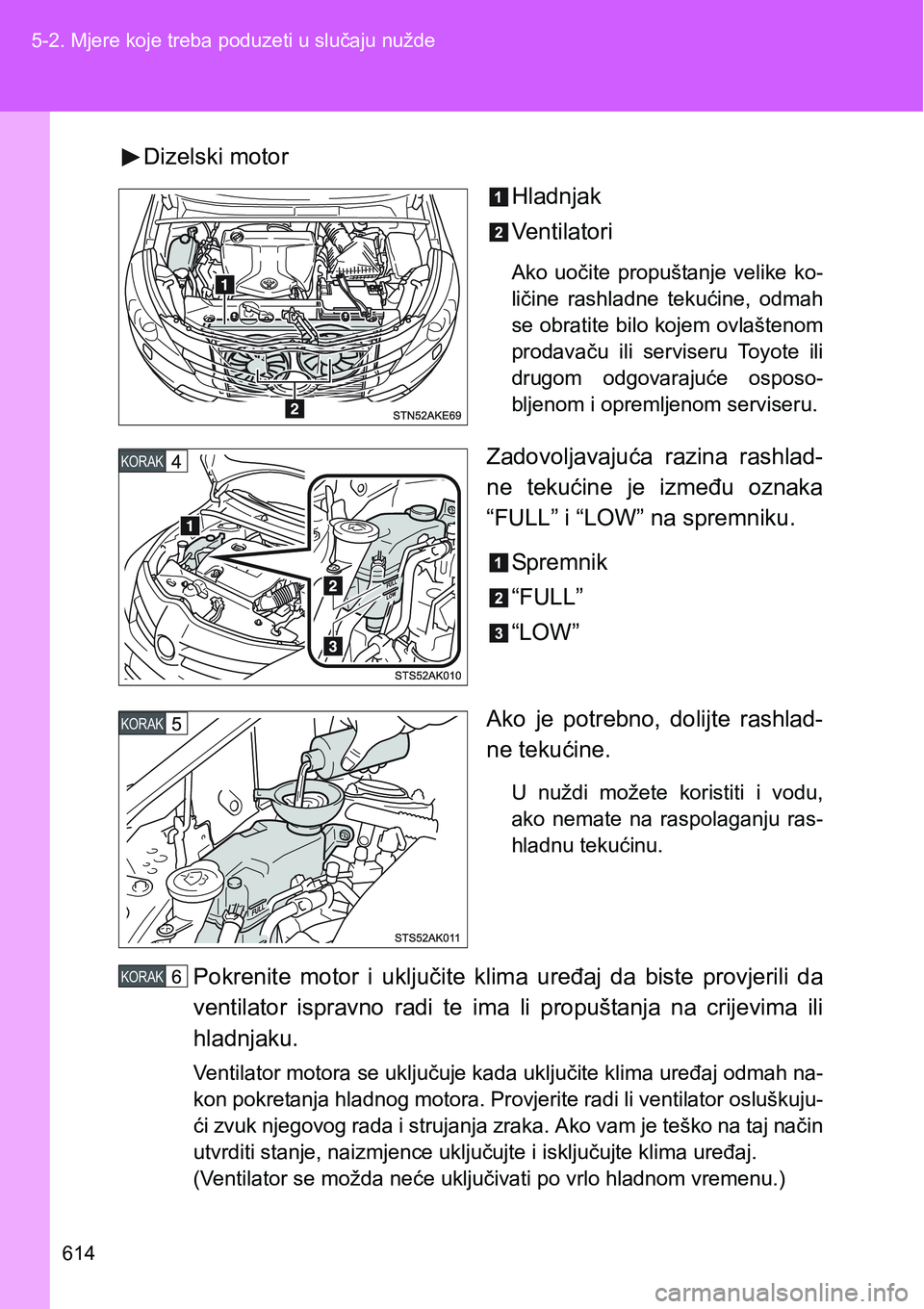 TOYOTA VERSO 2017 Upute Za Rukovanje (in Croatian) 614 5-2. Mjere koje treba poduzeti u slučaju nužde
Dizelski motor
Hladnjak
Ventilatori
Ako uočite propuštanje velike ko-
ličine rashladne tekućine, odmah
se obratite bilo kojem ovlašteno TOYOTA VERSO 2017 Upute Za Rukovanje (in Croatian) 614 5-2. Mjere koje treba poduzeti u slučaju nužde
Dizelski motor
Hladnjak
Ventilatori
Ako uočite propuštanje velike ko-
ličine rashladne tekućine, odmah
se obratite bilo kojem ovlašteno