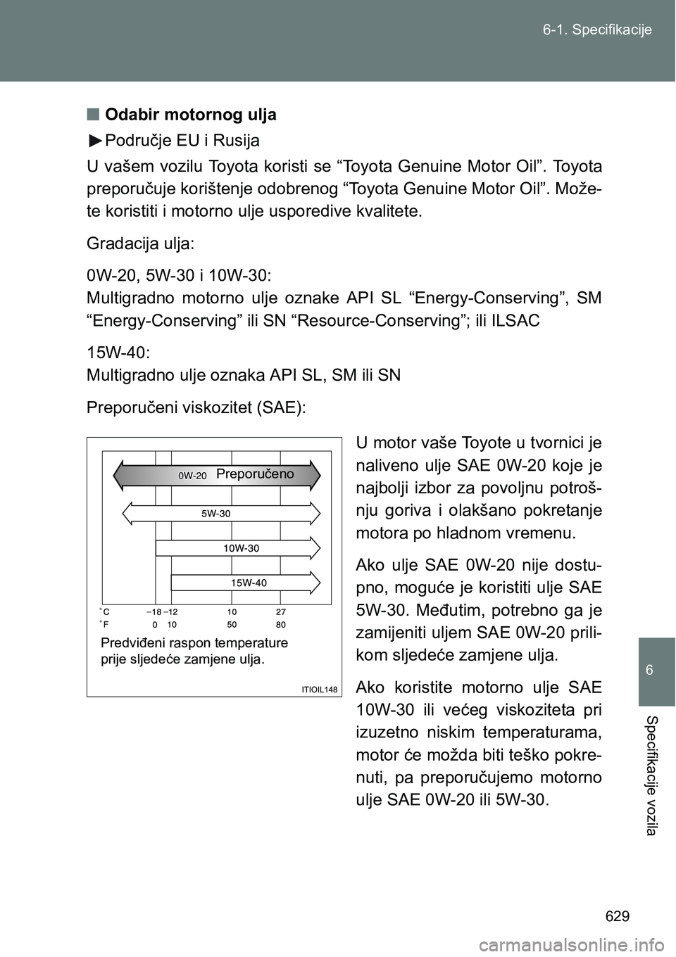 TOYOTA VERSO 2017  Upute Za Rukovanje (in Croatian) 629 6-1. Specifikacije
6
Specifikacije vozila
nOdabir motornog ulja
Područje EU i Rusija
U  vašem  vozilu  Toyota  koristi  se  “Toyota  Genuine  Motor  Oil”.  Toyota
preporučuje korištenje od