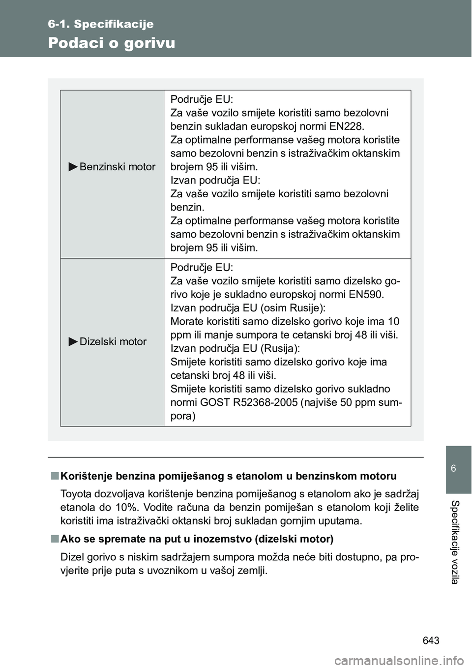 TOYOTA VERSO 2017 Upute Za Rukovanje (in Croatian) 643
6-1. Specifikacije
6
Specifikacije vozila
Podaci o gorivu
nKorištenje benzina pomiješanog s etanolom u benzinskom motoru
Toyota dozvoljava korištenje benzina pomiješanog s etanolom ako je sadr TOYOTA VERSO 2017 Upute Za Rukovanje (in Croatian) 643
6-1. Specifikacije
6
Specifikacije vozila
Podaci o gorivu
nKorištenje benzina pomiješanog s etanolom u benzinskom motoru
Toyota dozvoljava korištenje benzina pomiješanog s etanolom ako je sadr