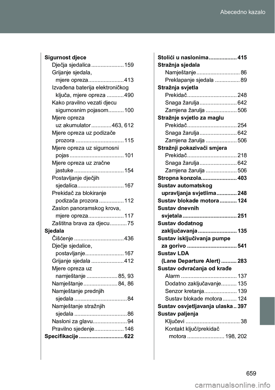 TOYOTA VERSO 2017 Upute Za Rukovanje (in Croatian) 659 Abecedno kazalo
Sigurnost djece
Dječja sjedalica ..................... 159
Grijanje sjedala,
mjere opreza....................... 413
Izvađena baterija elektroničkog
ključa, mjere opreza .... TOYOTA VERSO 2017 Upute Za Rukovanje (in Croatian) 659 Abecedno kazalo
Sigurnost djece
Dječja sjedalica ..................... 159
Grijanje sjedala,
mjere opreza....................... 413
Izvađena baterija elektroničkog
ključa, mjere opreza ....