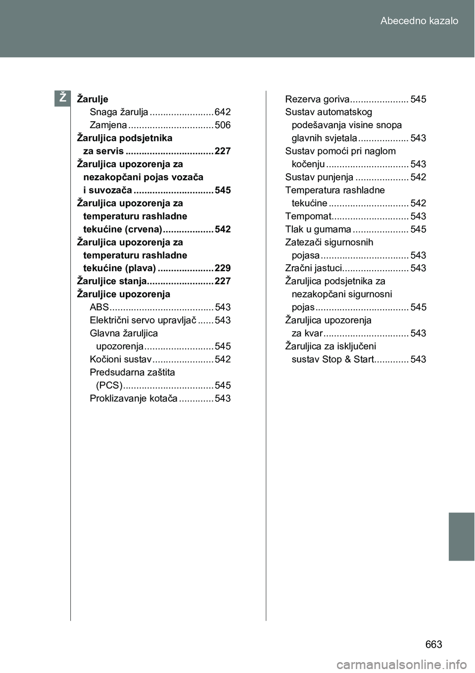 TOYOTA VERSO 2017 Upute Za Rukovanje (in Croatian) 663 Abecedno kazalo
Žarulje
Snaga žarulja ........................ 642
Zamjena ................................ 506
Žaruljica podsjetnika
za servis ................................. 227
Žaruljica TOYOTA VERSO 2017 Upute Za Rukovanje (in Croatian) 663 Abecedno kazalo
Žarulje
Snaga žarulja ........................ 642
Zamjena ................................ 506
Žaruljica podsjetnika
za servis ................................. 227
Žaruljica