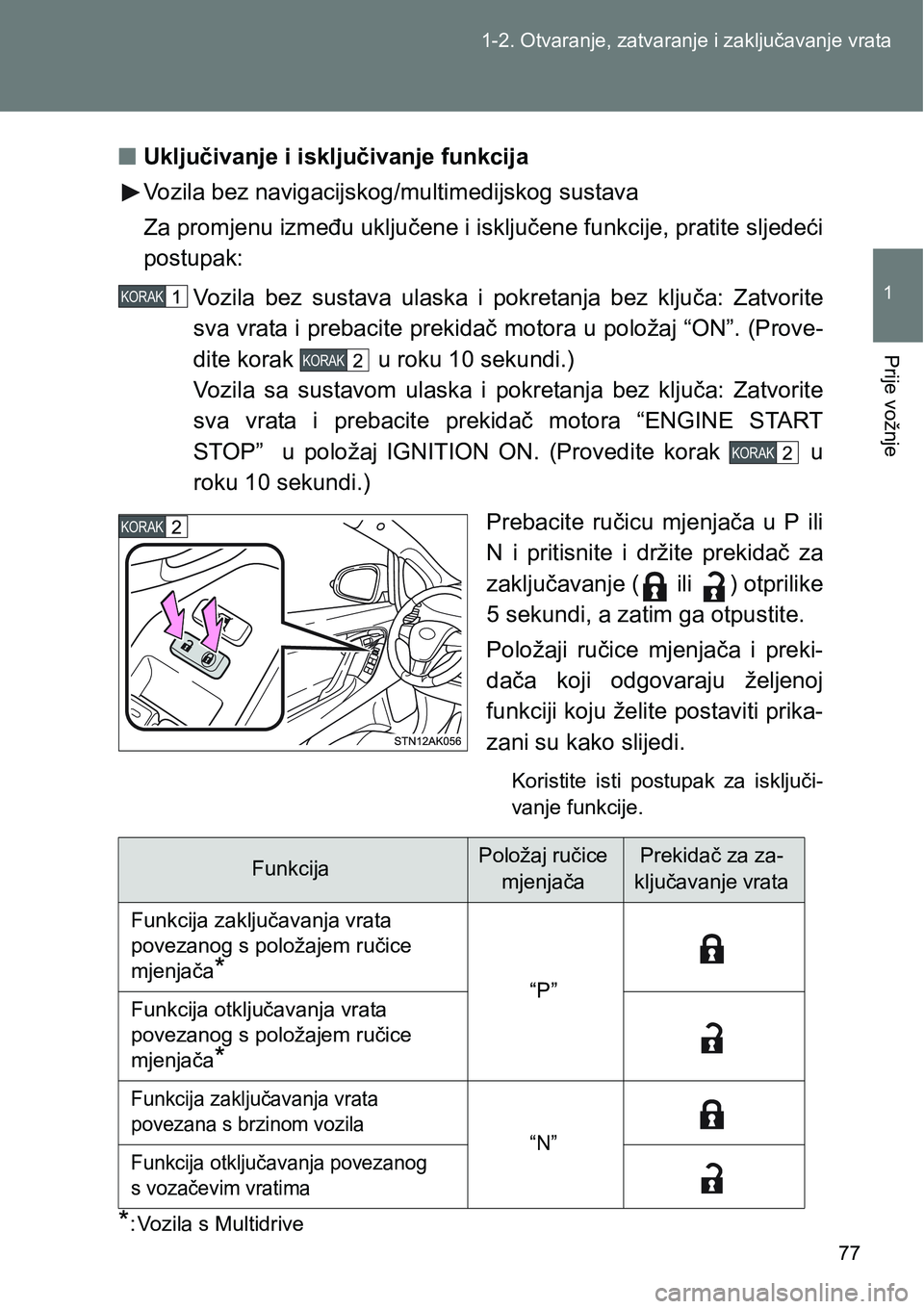 TOYOTA VERSO 2017  Upute Za Rukovanje (in Croatian) 77 1-2. Otvaranje, zatvaranje i zaključavanje vrata
1
Prije vožnje
nUključivanje i isključivanje funkcija
Vozila bez navigacijskog/multimedijskog sustava
Za promjenu između uključene i isključe