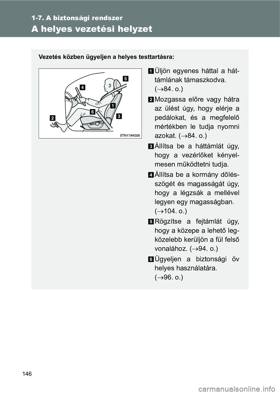 TOYOTA VERSO 2017  Kezelési útmutató (in Hungarian) 146
1-7. A biztonsági rendszer
A helyes vezetési helyzet
Vezetés közben ügyeljen a helyes testtartásra:
Üljön  egyenes  háttal  a  hát-
támlának támaszkodva.
( 84. o.)
Mozgassa  előre