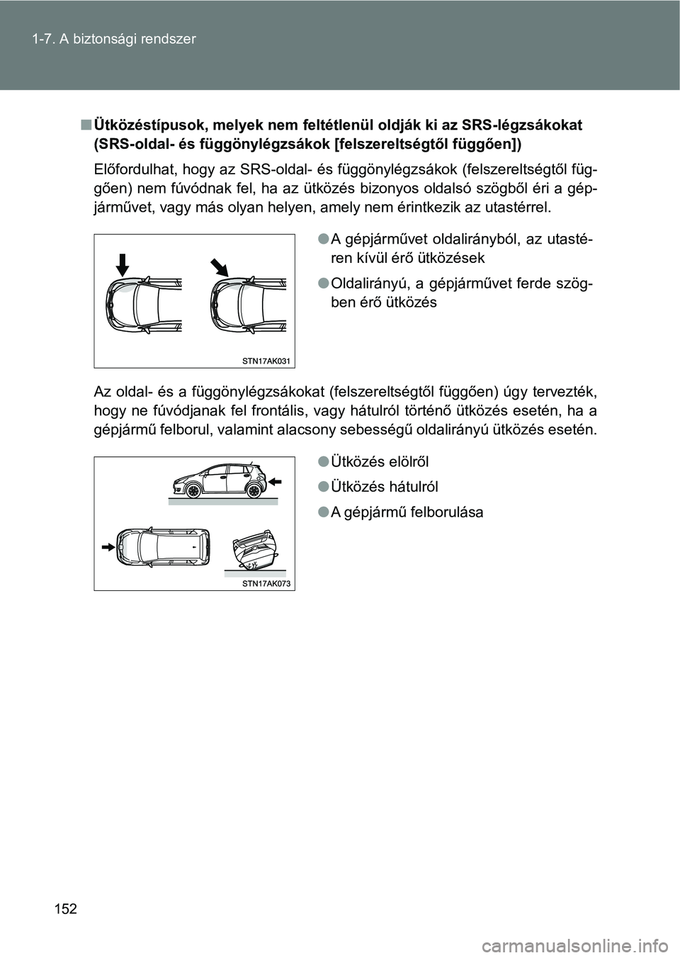 TOYOTA VERSO 2017  Kezelési útmutató (in Hungarian) 152
1-7. A biztonsági rendszer
n
Ütközéstípusok, melyek nem feltétlenül oldják ki az SRS-légzsák okat 
(SRS-oldal- és függönylégzsákok  [felszereltségtől függően])
Előfordulhat, ho