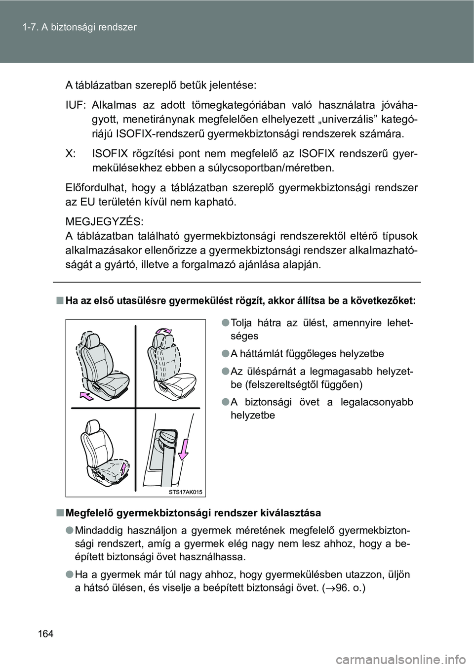 TOYOTA VERSO 2017  Kezelési útmutató (in Hungarian) 164
1-7. A biztonsági rendszer
A táblázatban szereplő betűk jelentése:
IUF: Alkalmas  az  adott  tömegkategóriában  való  használatra  jóváha
-
gyott,  menetiránynak  megfelelően  elhel