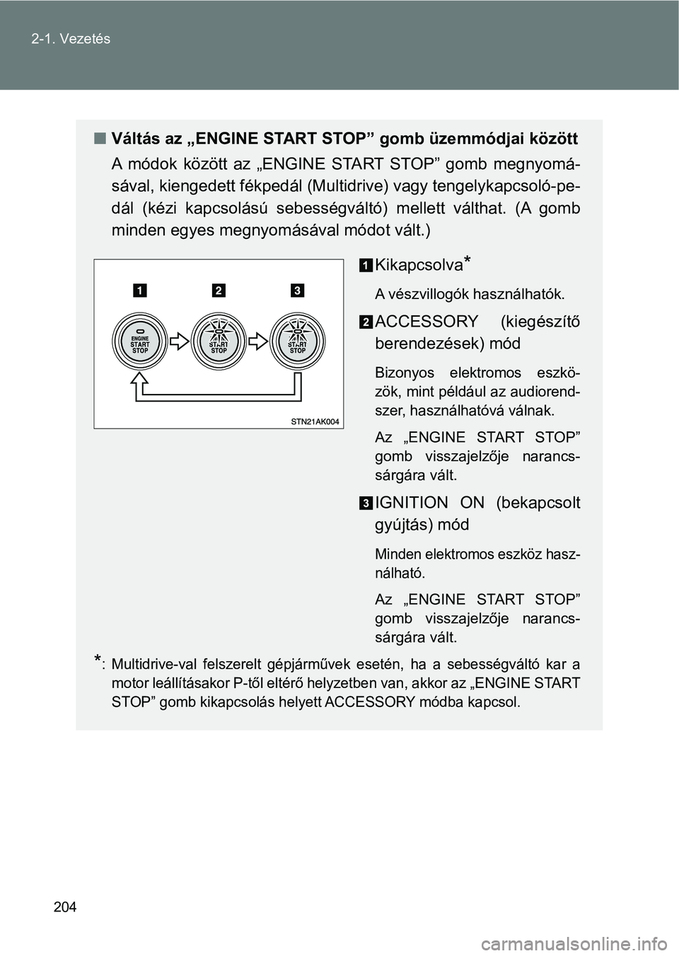 TOYOTA VERSO 2017  Kezelési útmutató (in Hungarian) 204
2-1. Vezetés
n
Váltás az „ENGINE START STO P” gomb üzemmódjai között
A  módok  között  az  „ENGINE  START  STOP”  gomb  megnyomá-
sával, kiengedett fékpedál (Mul tidrive) vag