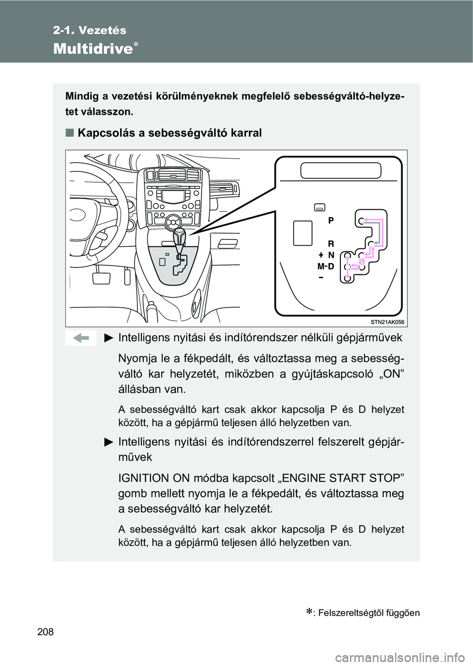 TOYOTA VERSO 2017  Kezelési útmutató (in Hungarian) 208
2-1. Vezetés
Multidrive
: Felszereltségtől függően
Mindig  a  vezetési  körülményeknek  megfelelő  sebességváltó-helyze-
tet válasszon.
n Kapcsolás a sebességváltó karral
I