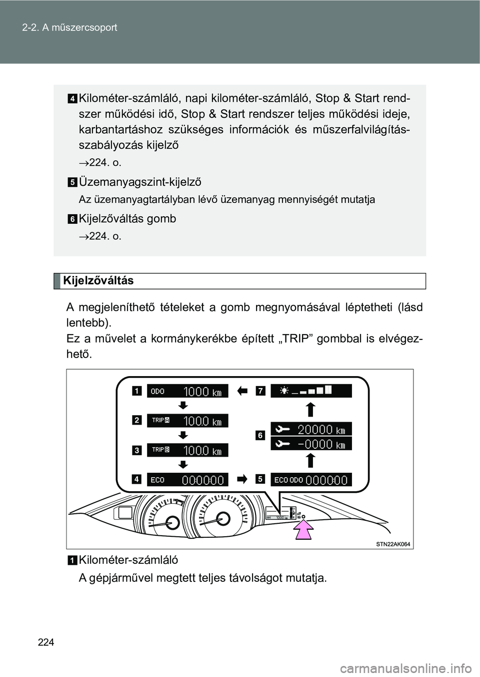 TOYOTA VERSO 2017  Kezelési útmutató (in Hungarian) 224
2-2. A műszercsoport
Kijelzőváltás
A  megjeleníthető  tételeket  a  gomb  megnyomásával  léptetheti  (lásd
lentebb). 
Ez  a  művelet  a  kormánykerékbe  ép ített  „TRIP”  gombb