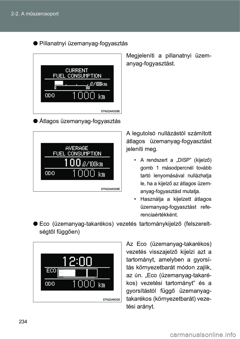 TOYOTA VERSO 2017 Kezelési útmutató (in Hungarian) 234
2-2. A műszercsoport
l
Pillanatnyi üzemanyag-fogyasztás
Megjeleníti a pillanatnyi üzem-
anyag-fogyasztást.
l Átlagos üzemanyag-fogyasztás
A legutolsó nullázástól számított
á TOYOTA VERSO 2017 Kezelési útmutató (in Hungarian) 234
2-2. A műszercsoport
l
Pillanatnyi üzemanyag-fogyasztás
Megjeleníti a pillanatnyi üzem-
anyag-fogyasztást.
l Átlagos üzemanyag-fogyasztás
A legutolsó nullázástól számított
á