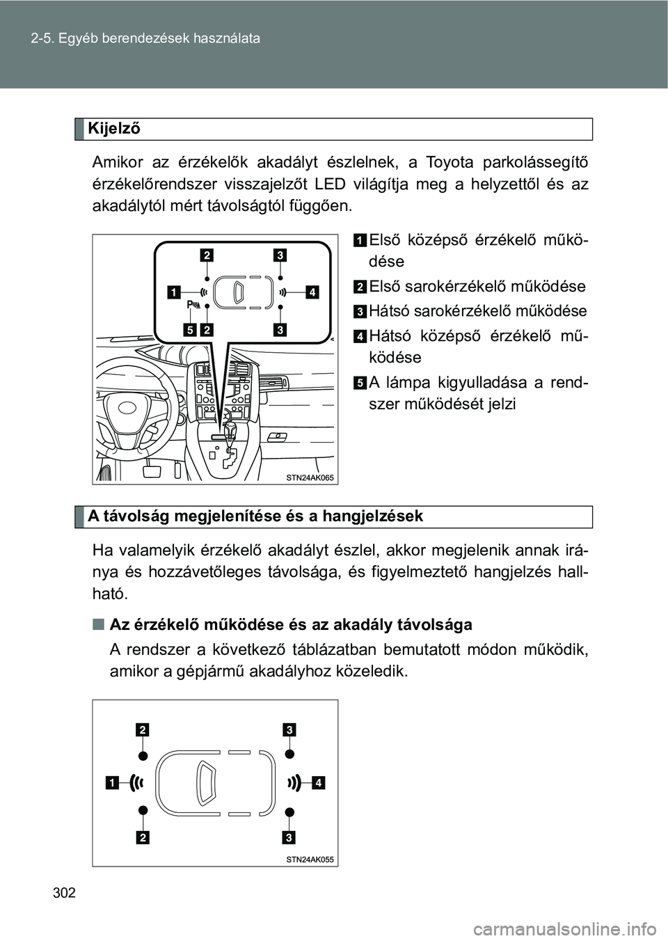 TOYOTA VERSO 2017  Kezelési útmutató (in Hungarian) 302
2-5. Egyéb berendezések használata
Kijelző
Amikor  az  érzékelők  akadályt  észle lnek,  a  Toyota  parkolássegítő
érzékelőrendszer  visszajelzőt  LED  világítja  meg  a  helyzet