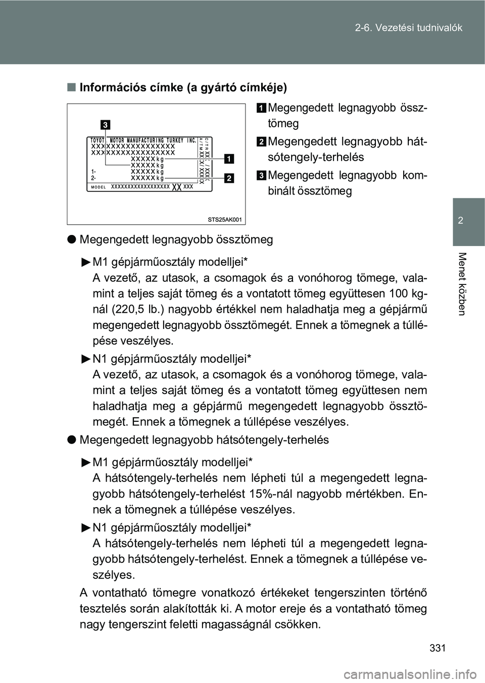 TOYOTA VERSO 2017 Kezelési útmutató (in Hungarian) 331
2-6. Vezetési tudnivalók
2
Menet közben
n
Információs címke (a gyártó címkéje)
Megengedett le gnagyobb össz-
tömeg
Megengedett legnagyobb hát-
sótengely-terhelés
Megengedett le TOYOTA VERSO 2017 Kezelési útmutató (in Hungarian) 331
2-6. Vezetési tudnivalók
2
Menet közben
n
Információs címke (a gyártó címkéje)
Megengedett le gnagyobb össz-
tömeg
Megengedett legnagyobb hát-
sótengely-terhelés
Megengedett le