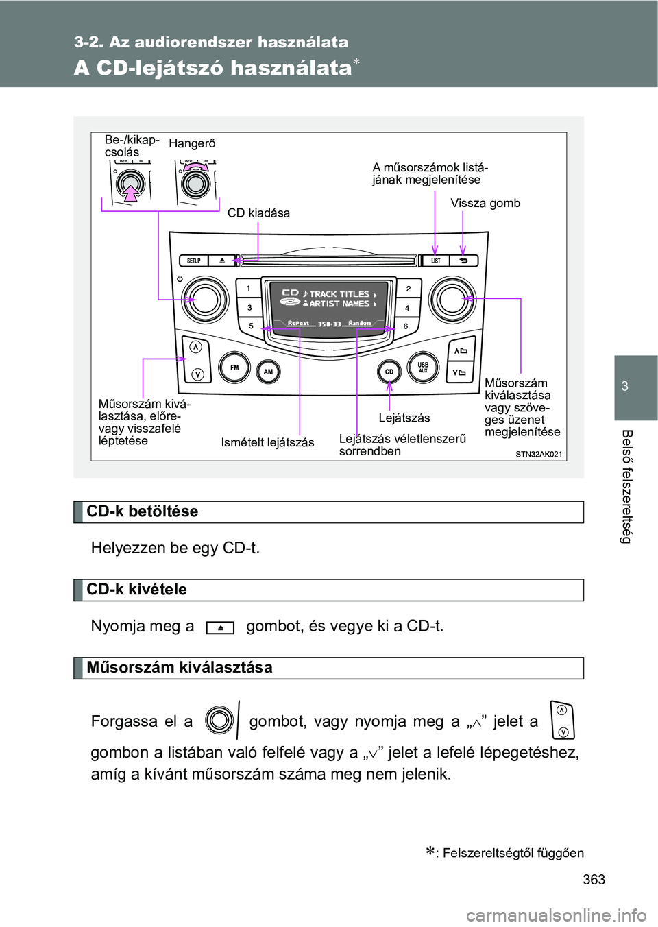 TOYOTA VERSO 2017 Kezelési útmutató (in Hungarian) 363
3-2. Az audiorendszer használata
3
Belső felszereltség
A CD-lejátszó használata
CD-k betöltéseHelyezzen be egy CD-t.
CD-k kivételeNyomja meg a gombot, és vegye ki a CD-t.
Műsorszá TOYOTA VERSO 2017 Kezelési útmutató (in Hungarian) 363
3-2. Az audiorendszer használata
3
Belső felszereltség
A CD-lejátszó használata
CD-k betöltéseHelyezzen be egy CD-t.
CD-k kivételeNyomja meg a gombot, és vegye ki a CD-t.
Műsorszá