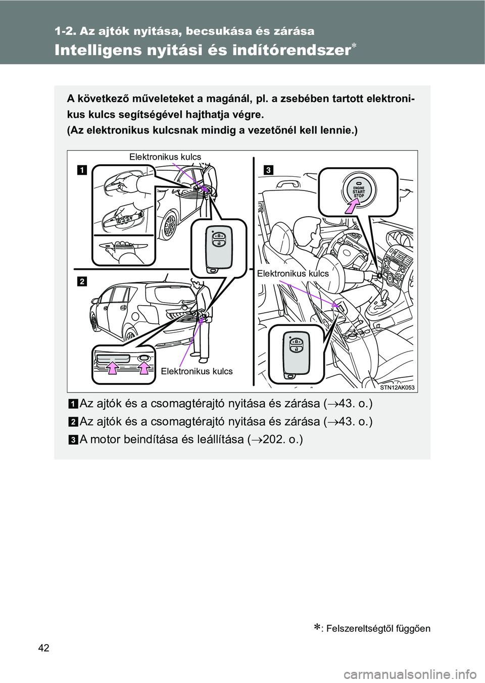 TOYOTA VERSO 2017  Kezelési útmutató (in Hungarian) 42
1-2. Az ajtók nyitása, becsukása és zárása
Intelligens nyitási és indítórendszer
: Felszereltségtől függően
A következő műveleteket a magánál, pl. a zsebében tartott elekt