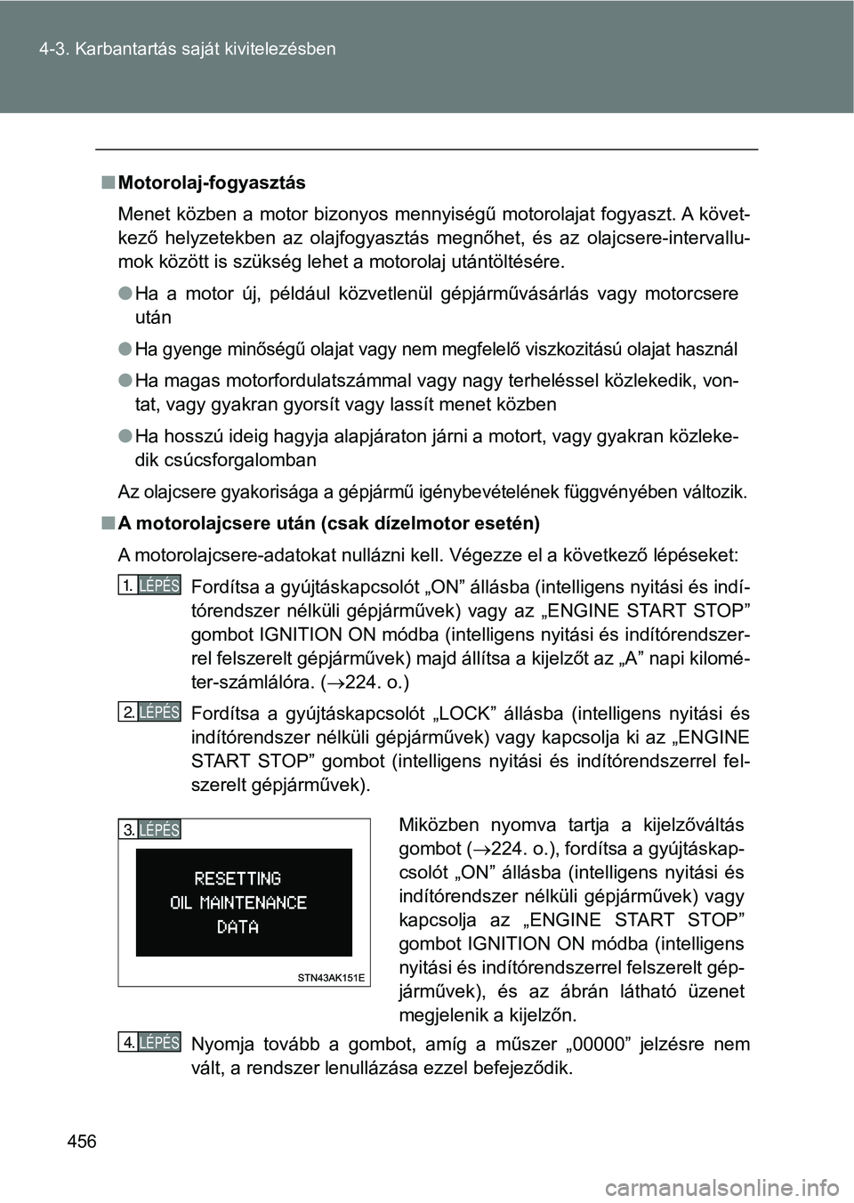 TOYOTA VERSO 2017 Kezelési útmutató (in Hungarian) 456
4-3. Karbantartás saját kivitelezésben
n
Motorolaj-fogyasztás
Menet közben a motor bizonyos mennyiségű motorolajat fogyaszt. A követ-
kező helyzetekben az olajfogyasztás megn TOYOTA VERSO 2017 Kezelési útmutató (in Hungarian) 456
4-3. Karbantartás saját kivitelezésben
n
Motorolaj-fogyasztás
Menet közben a motor bizonyos mennyiségű motorolajat fogyaszt. A követ-
kező helyzetekben az olajfogyasztás megn
