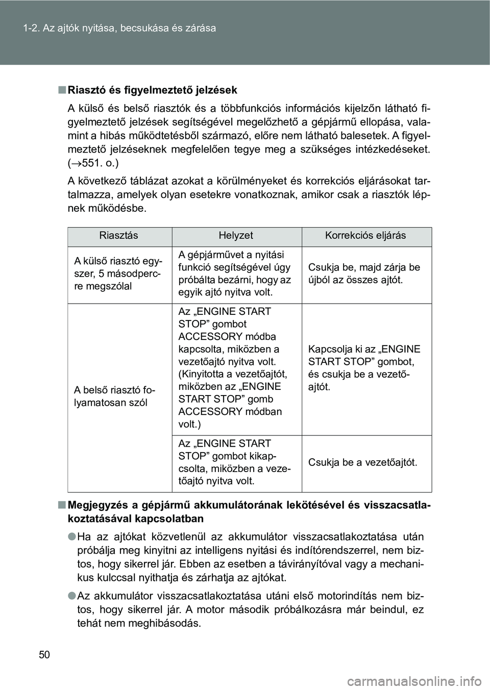 TOYOTA VERSO 2017  Kezelési útmutató (in Hungarian) 50
1-2. Az ajtók nyitása,
 becsukása és zárása
nRiasztó és figyelmeztető jelzések
A  külső  és  belső  riasztók  és  a  többfunkciós  információs  kijelző n  látható  fi-
gyelme