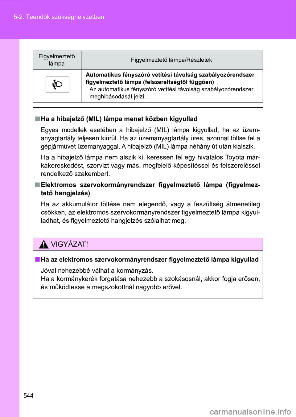 TOYOTA VERSO 2017  Kezelési útmutató (in Hungarian) 544
5-2. Teendők szükséghelyzetben
Automatikus fényszóró vetítési távolság szabályozórendszer 
figyelmeztető lámpa (fel
szereltségtől függően)
Az automatikus fényszóró vetítési 