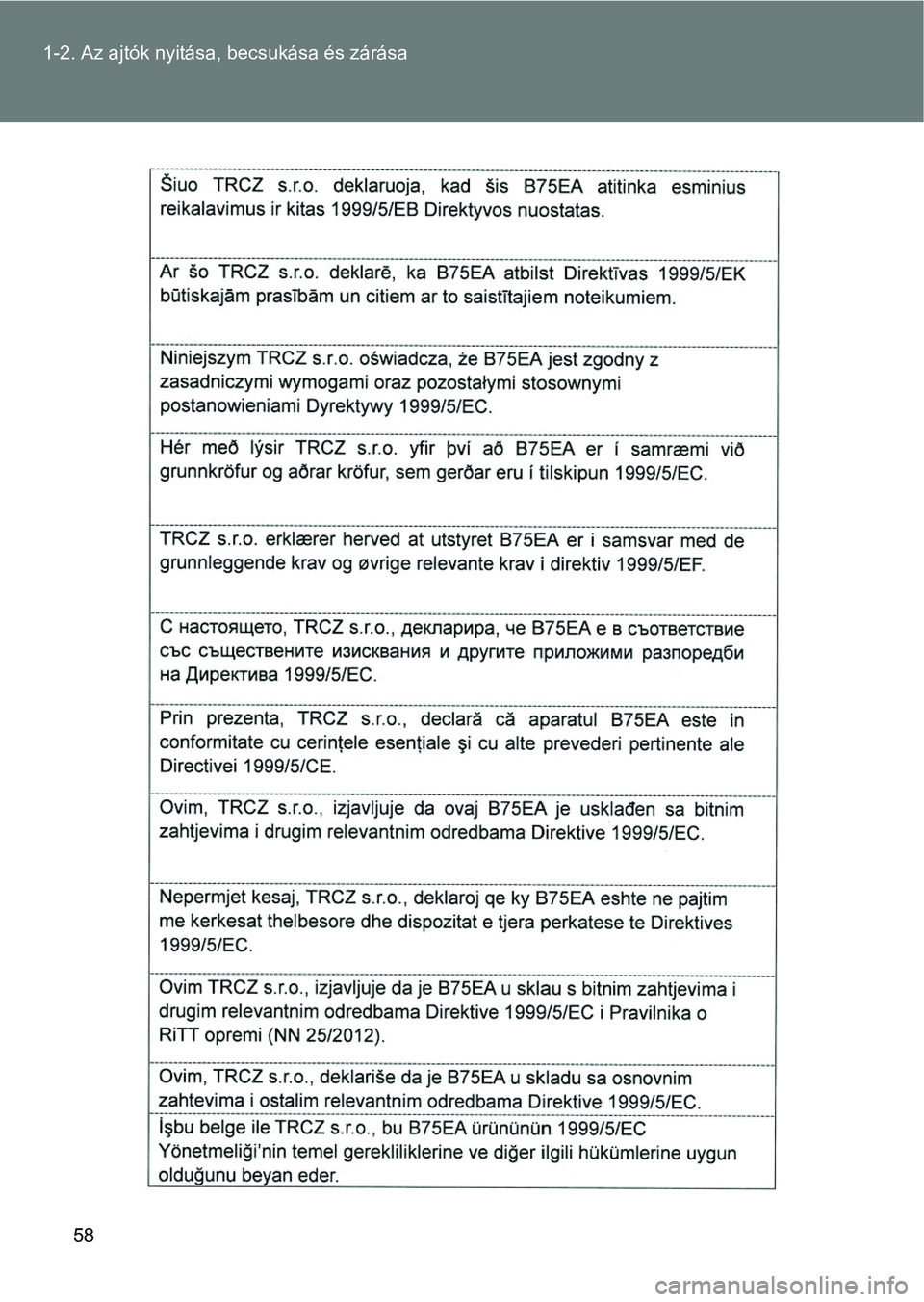 TOYOTA VERSO 2017  Kezelési útmutató (in Hungarian) 58
1-2. Az ajtók nyitása,
 becsukása és zárása 