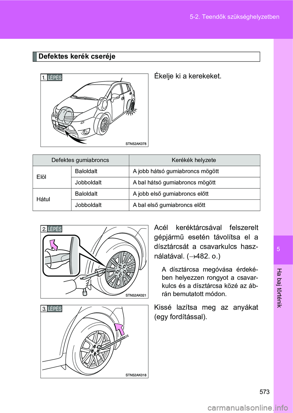 TOYOTA VERSO 2017 Kezelési útmutató (in Hungarian) 5
573
5-2. Teendők szükséghelyzetben
Ha baj történik
Defektes kerék cseréje
Ékelje ki a kerekeket.
Acél keréktárcsával felszerelt
gépjármű esetén távolítsa el a
dísztárcsát TOYOTA VERSO 2017 Kezelési útmutató (in Hungarian) 5
573
5-2. Teendők szükséghelyzetben
Ha baj történik
Defektes kerék cseréje
Ékelje ki a kerekeket.
Acél keréktárcsával felszerelt
gépjármű esetén távolítsa el a
dísztárcsát