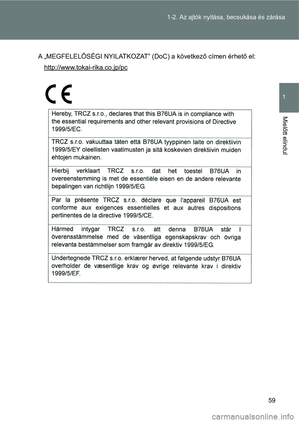 TOYOTA VERSO 2017  Kezelési útmutató (in Hungarian) 59
1-2. Az ajtók nyitása,
 becsukása és zárása
1
Mielőtt elindul
A „MEGFELELŐSÉGI NYILATKOZAT” (DoC) a következő címen érhető el :
http://www.tokai-rika.co.jp/pc 