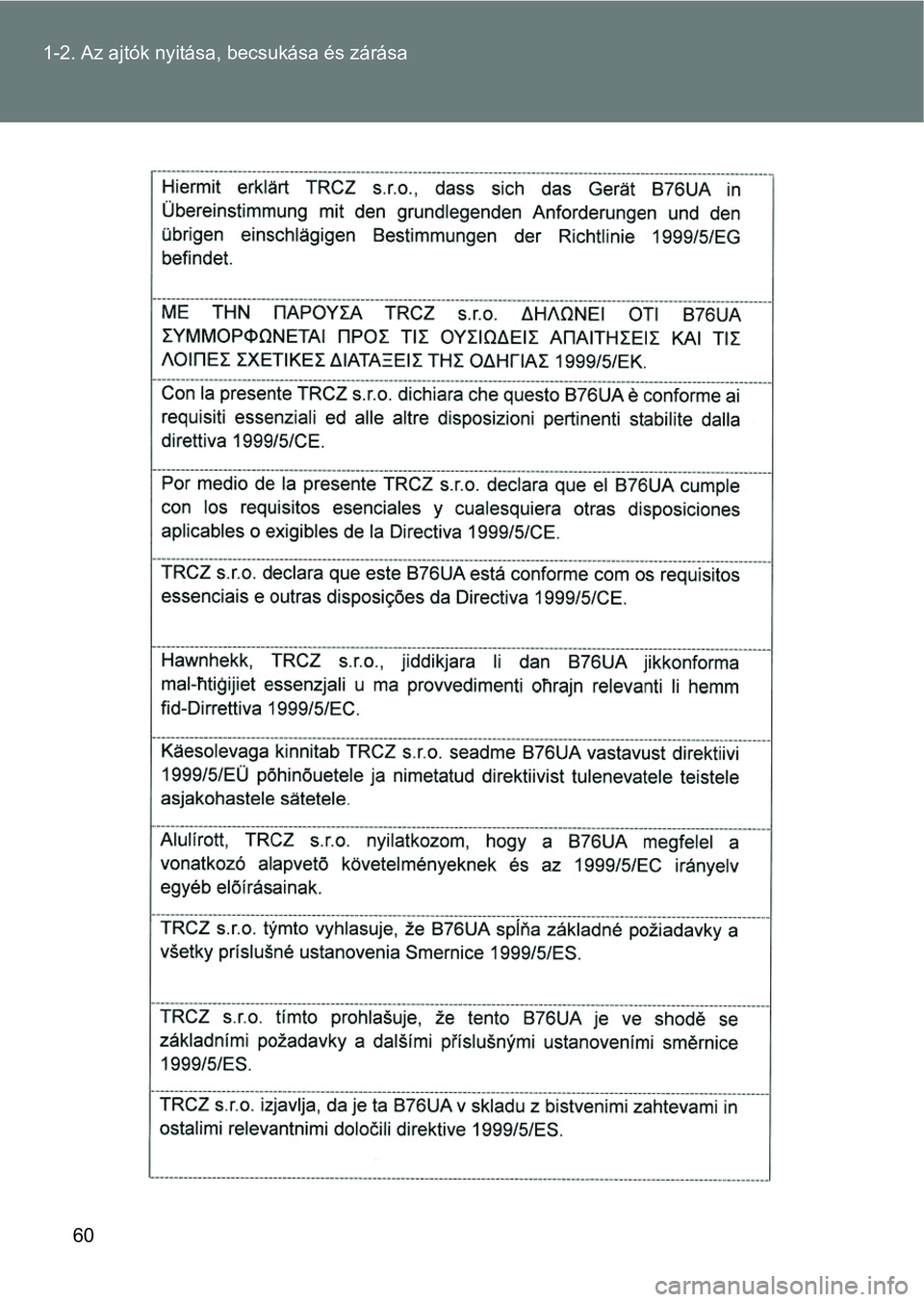 TOYOTA VERSO 2017  Kezelési útmutató (in Hungarian) 60
1-2. Az ajtók nyitása,
 becsukása és zárása 