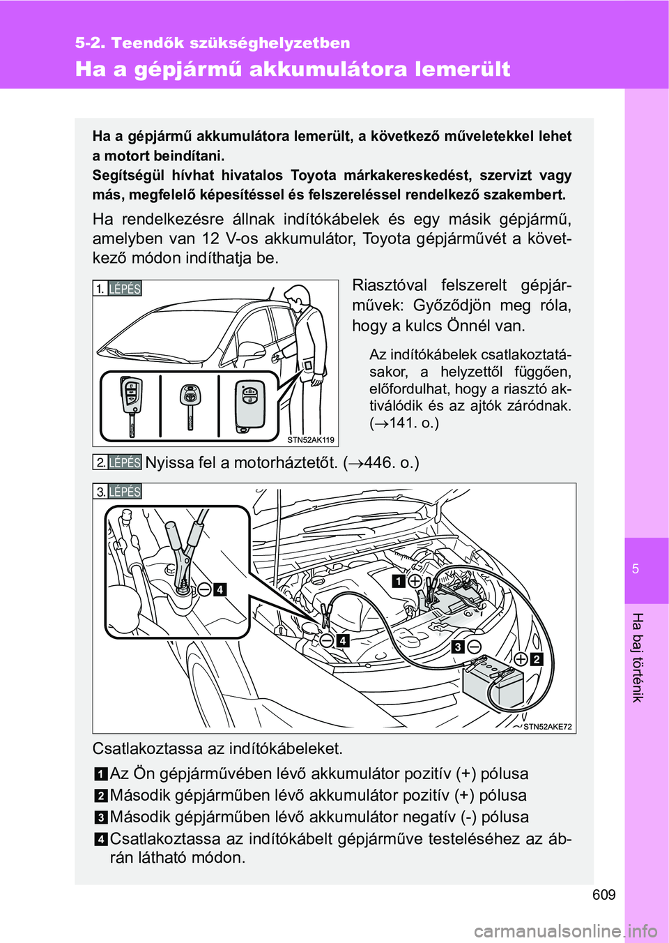 TOYOTA VERSO 2017 Kezelési útmutató (in Hungarian) 5
609
5-2. Teendők szükséghelyzetben
Ha baj történik
Ha a gépjár m ű akkumulátora lemerült
Ha a gépjármű akkumulátora lemerült, a következő műveletekkel l ehet
a motort beindítani TOYOTA VERSO 2017 Kezelési útmutató (in Hungarian) 5
609
5-2. Teendők szükséghelyzetben
Ha baj történik
Ha a gépjár m ű akkumulátora lemerült
Ha a gépjármű akkumulátora lemerült, a következő műveletekkel l ehet
a motort beindítani