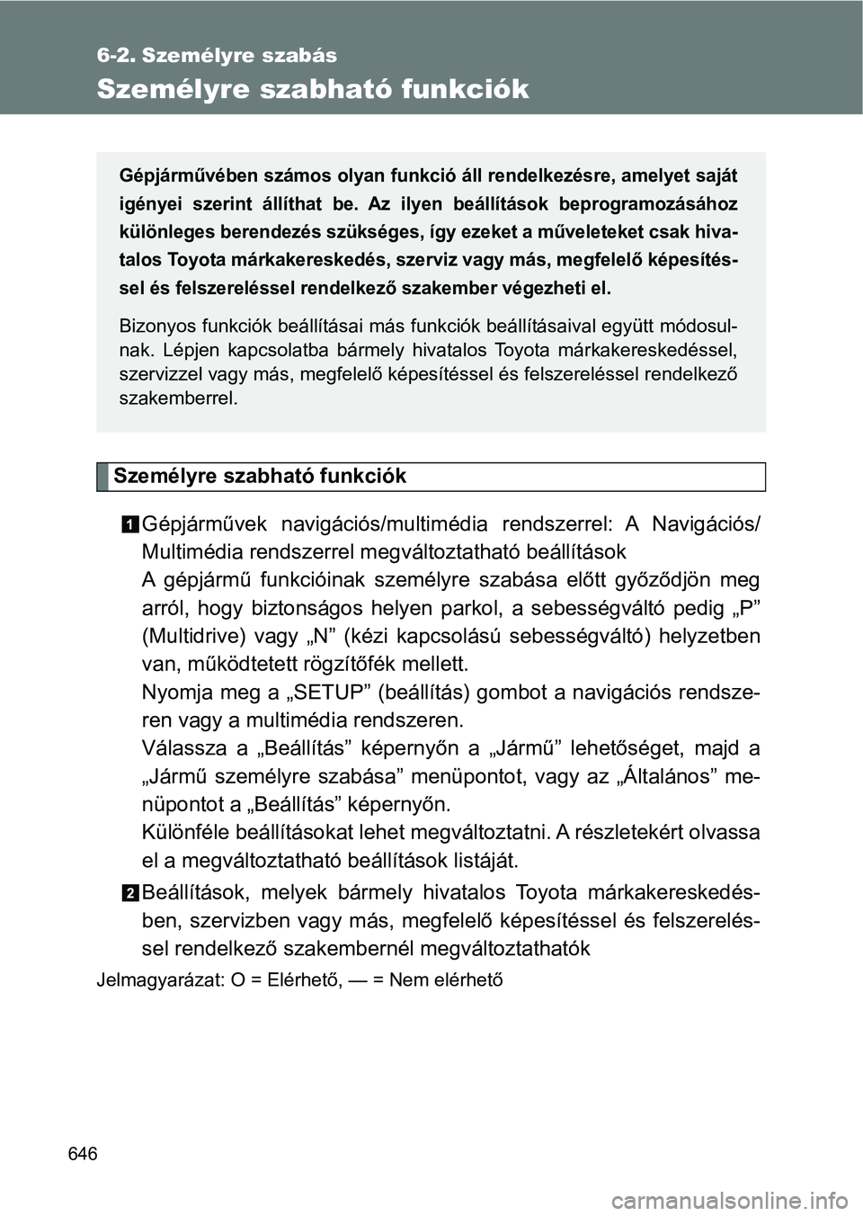 TOYOTA VERSO 2017  Kezelési útmutató (in Hungarian) 646
6-2. Személyre szabás
Személyre szabható funkciók
Személyre szabható funkciókGépjárművek  navigációs/multimé dia  rendszerrel:  A  Navigációs/
Multimédia rendszerrel megv áltozta