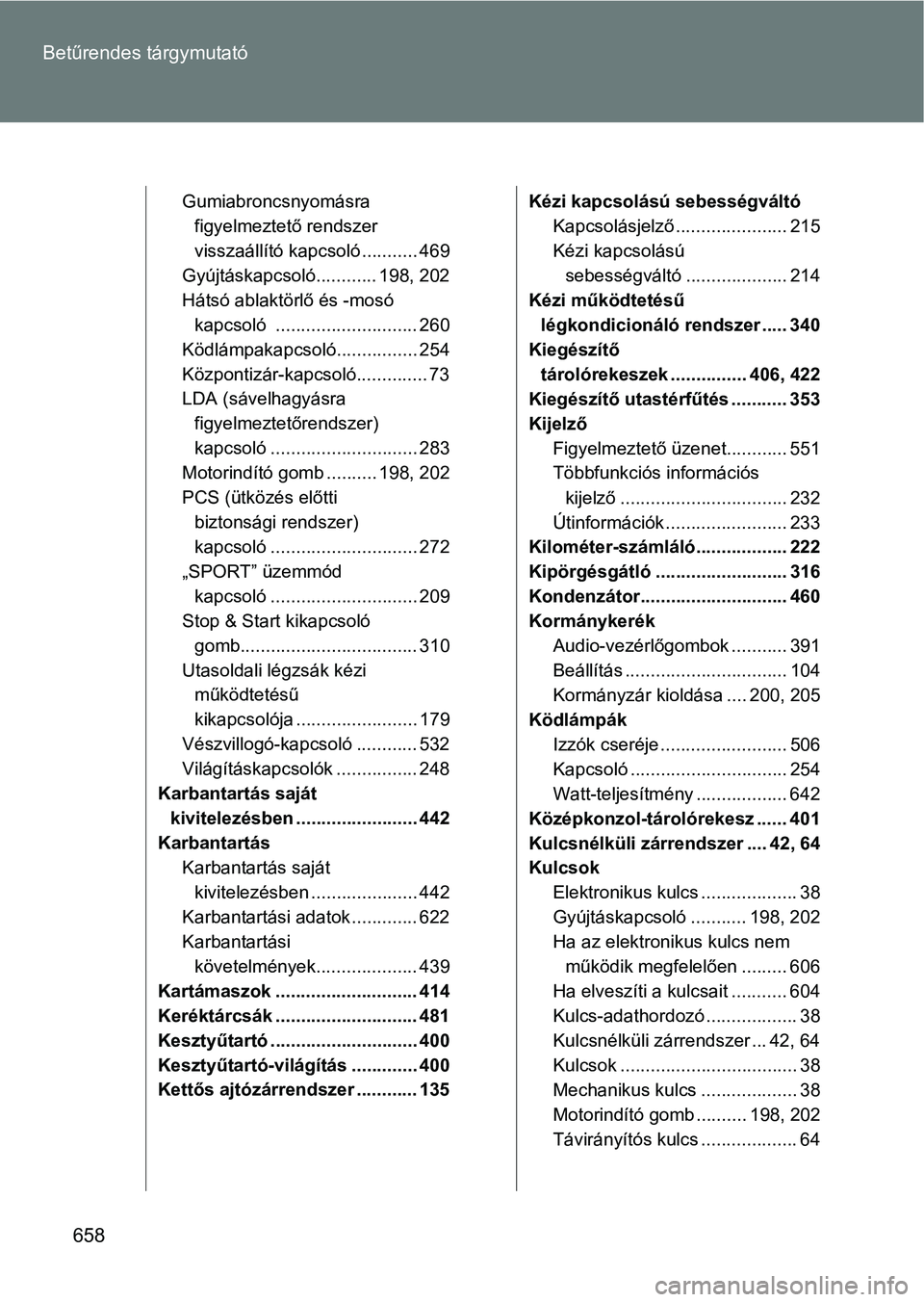 TOYOTA VERSO 2017 Kezelési útmutató (in Hungarian) 658
Betűrendes tárgymutató
Gumiabroncsnyomásra
figyelmeztető rendszer
visszaállító kapcsoló ........... 469
Gyújtáskapcsoló............ 198, 202
Hátsó ablaktörlő és -mosó kapcsol TOYOTA VERSO 2017 Kezelési útmutató (in Hungarian) 658
Betűrendes tárgymutató
Gumiabroncsnyomásra
figyelmeztető rendszer
visszaállító kapcsoló ........... 469
Gyújtáskapcsoló............ 198, 202
Hátsó ablaktörlő és -mosó kapcsol
