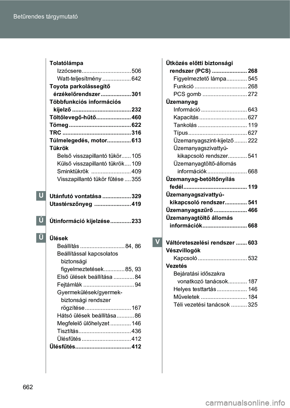 TOYOTA VERSO 2017 Kezelési útmutató (in Hungarian) 662
Betűrendes tárgymutató
Tolatólámpa
Izzócsere............................... 506
Watt-teljesítmény .................. 642
Toyota parkolássegítő érzékelőrendszer ................... 3 TOYOTA VERSO 2017 Kezelési útmutató (in Hungarian) 662
Betűrendes tárgymutató
Tolatólámpa
Izzócsere............................... 506
Watt-teljesítmény .................. 642
Toyota parkolássegítő érzékelőrendszer ................... 3
