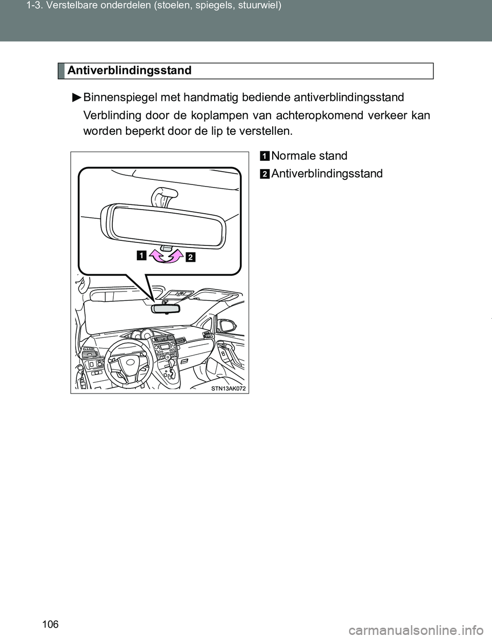 TOYOTA VERSO 2017 Instructieboekje (in Dutch) 106 1-3. Verstelbare onderdelen (stoelen, spiegels, stuurwiel)
VERSO_EE_OM64517E
Antiverblindingsstand
Binnenspiegel met handmatig bediende antiverblindingsstand
Verblinding door de koplampen van TOYOTA VERSO 2017 Instructieboekje (in Dutch) 106 1-3. Verstelbare onderdelen (stoelen, spiegels, stuurwiel)
VERSO_EE_OM64517E
Antiverblindingsstand
Binnenspiegel met handmatig bediende antiverblindingsstand
Verblinding door de koplampen van