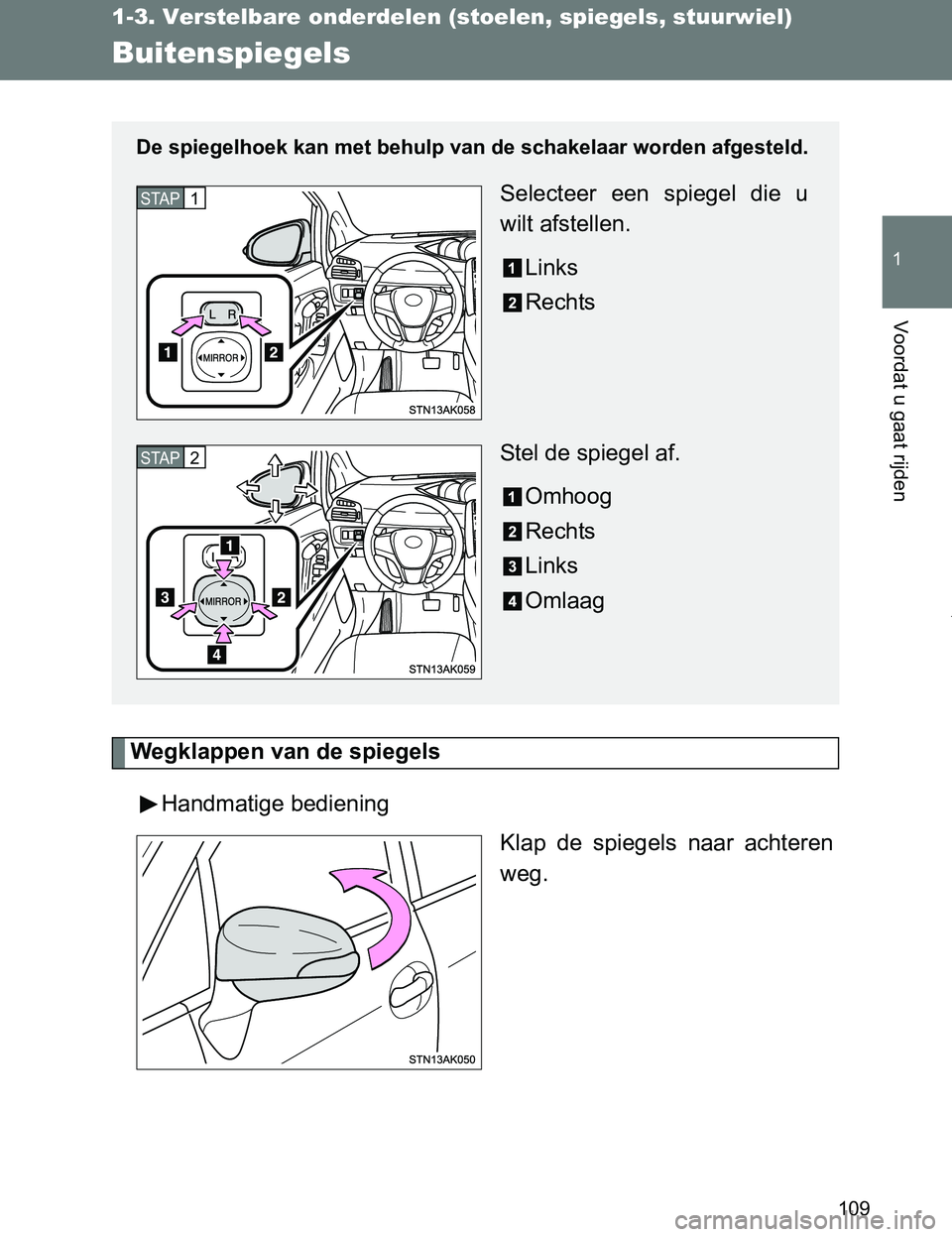 TOYOTA VERSO 2017 Instructieboekje (in Dutch) 109
1
1-3. Verstelbare onderdelen (stoelen, spiegels, stuurwiel)
Voordat u gaat rijden
VERSO_EE_OM64517E
Buitenspiegels
Wegklappen van de spiegels
Handmatige bediening
Klap de spiegels naar achter TOYOTA VERSO 2017 Instructieboekje (in Dutch) 109
1
1-3. Verstelbare onderdelen (stoelen, spiegels, stuurwiel)
Voordat u gaat rijden
VERSO_EE_OM64517E
Buitenspiegels
Wegklappen van de spiegels
Handmatige bediening
Klap de spiegels naar achter