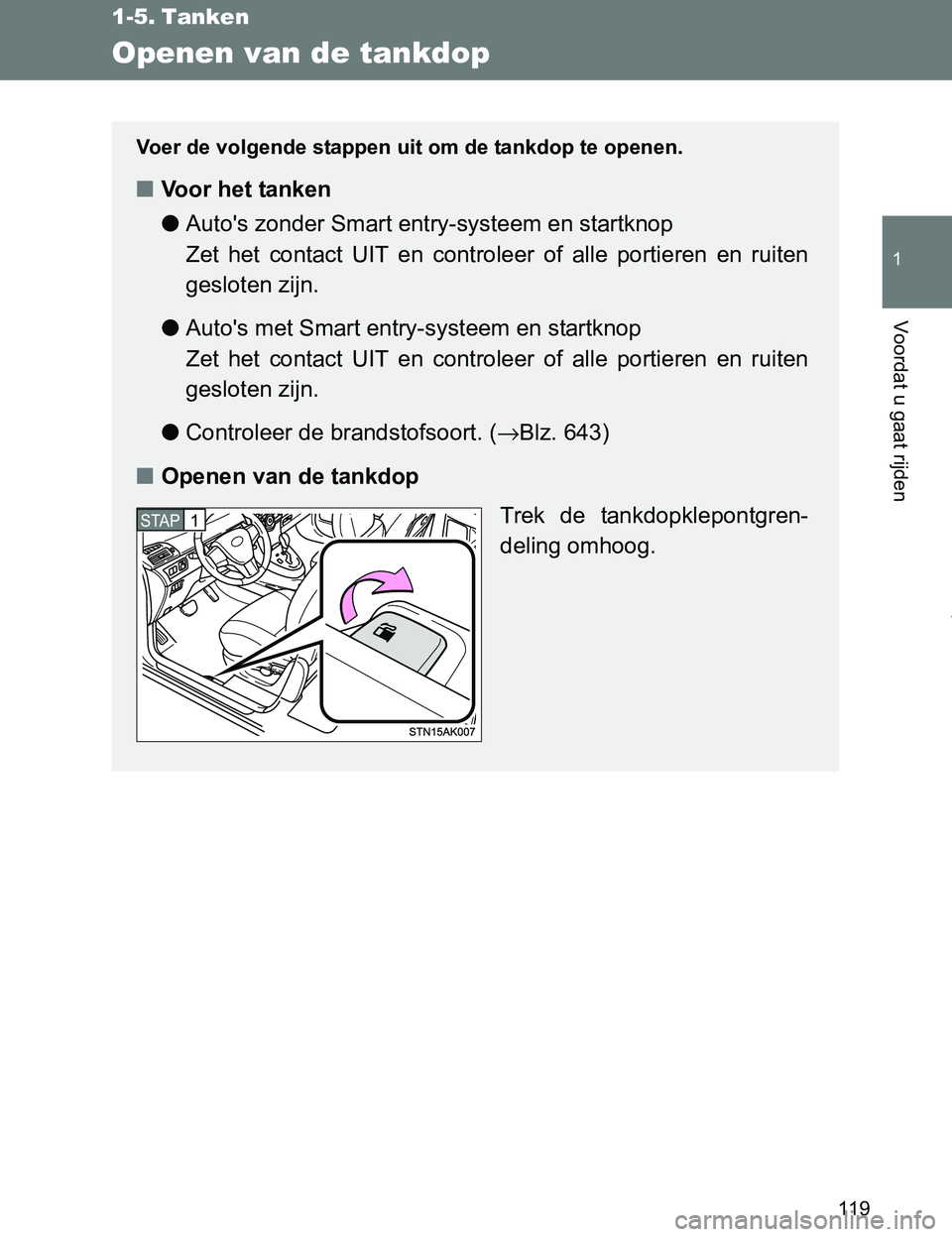 TOYOTA VERSO 2017 Instructieboekje (in Dutch) 119
1
Voordat u gaat rijden
VERSO_EE_OM64517E
1-5. Tanken
Openen van de tankdop
Voer de volgende stappen uit om de tankdop te openen.
■Voor het tanken
●Auto's zonder Smart entry-systeem en sta TOYOTA VERSO 2017 Instructieboekje (in Dutch) 119
1
Voordat u gaat rijden
VERSO_EE_OM64517E
1-5. Tanken
Openen van de tankdop
Voer de volgende stappen uit om de tankdop te openen.
■Voor het tanken
●Auto's zonder Smart entry-systeem en sta
