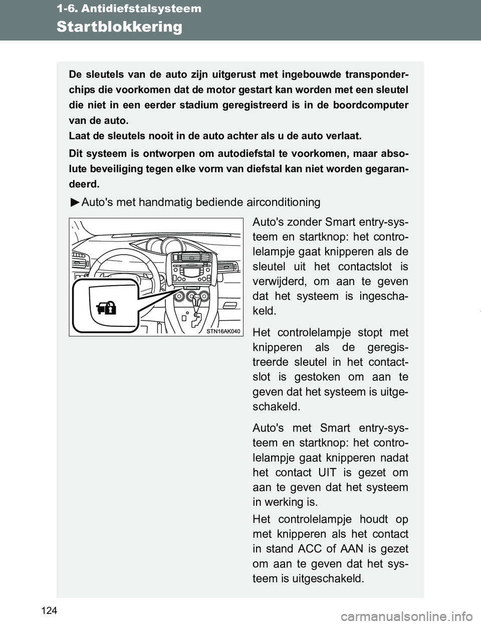 TOYOTA VERSO 2017 Instructieboekje (in Dutch) 124
VERSO_EE_OM64517E
1-6. Antidiefstalsysteem
Startblokkering
De sleutels van de auto zijn uitgerust met ingebouwde transponder-
chips die voorkomen dat de motor gestart kan worden met een s TOYOTA VERSO 2017 Instructieboekje (in Dutch) 124
VERSO_EE_OM64517E
1-6. Antidiefstalsysteem
Startblokkering
De sleutels van de auto zijn uitgerust met ingebouwde transponder-
chips die voorkomen dat de motor gestart kan worden met een s