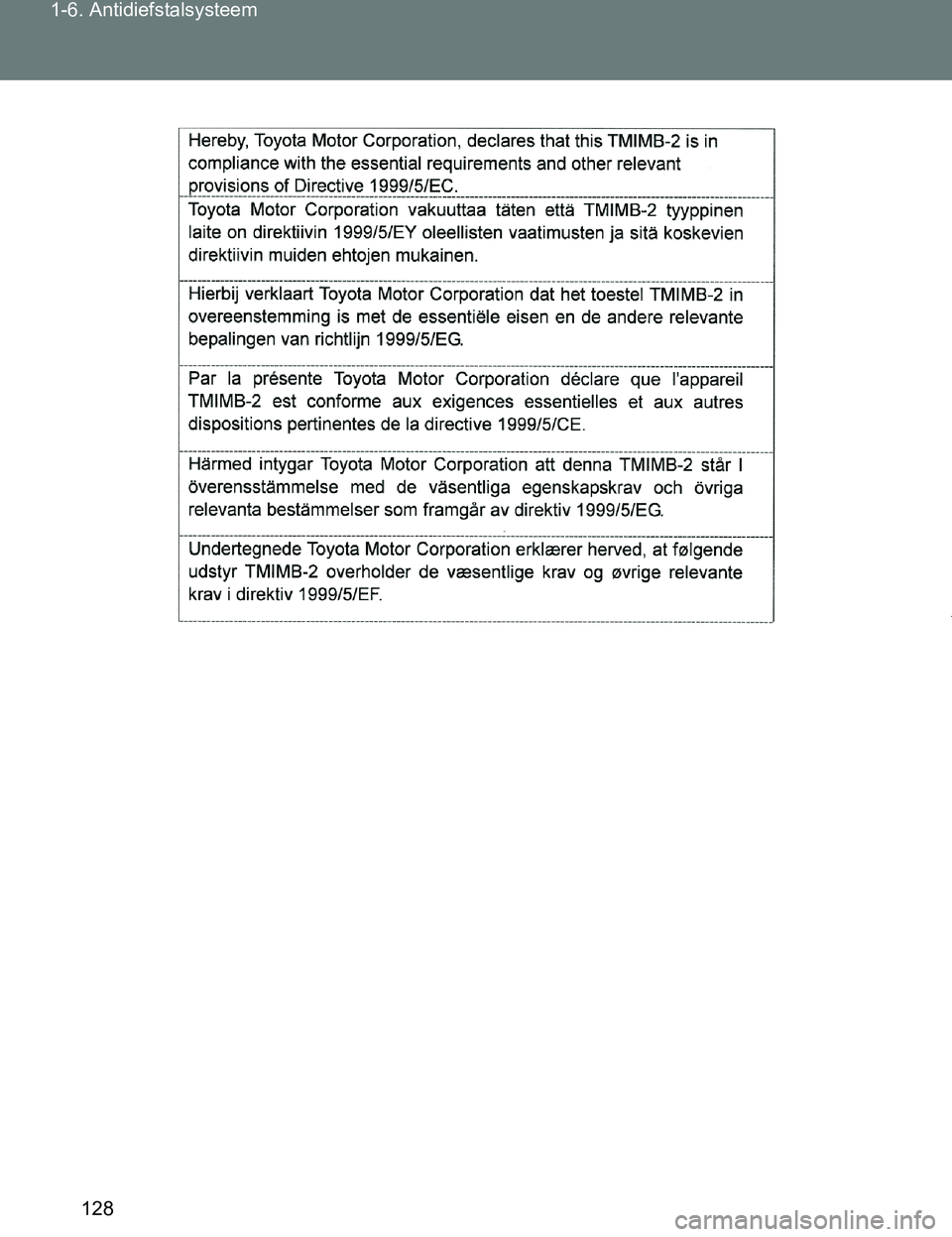 TOYOTA VERSO 2017  Instructieboekje (in Dutch) 128 1-6. Antidiefstalsysteem
VERSO_EE_OM64517E
VERSO_OM_Europe_OM64517E.book  Page 128  Wednesday, December 14, 2016  3:33 PM 