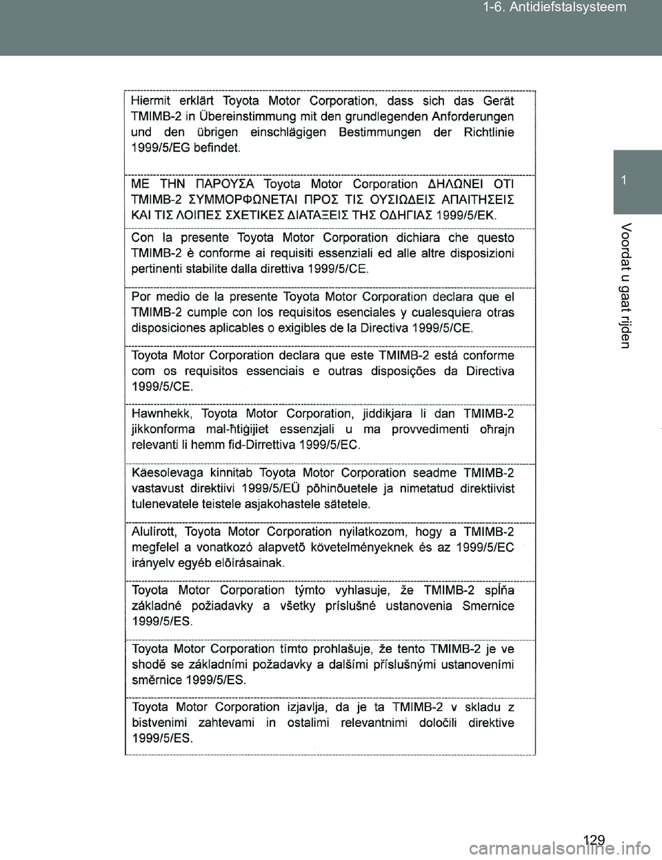 TOYOTA VERSO 2017  Instructieboekje (in Dutch) 129 1-6. Antidiefstalsysteem
1
Voordat u gaat rijden
VERSO_EE_OM64517E
VERSO_OM_Europe_OM64517E.book  Page 129  Wednesday, December 14, 2016  3:33 PM 
