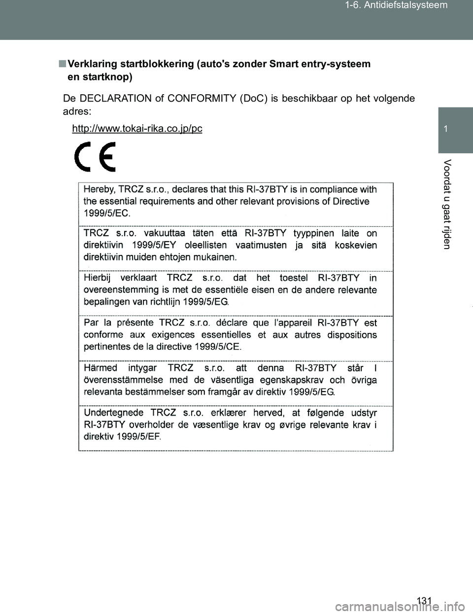 TOYOTA VERSO 2017  Instructieboekje (in Dutch) 131 1-6. Antidiefstalsysteem
1
Voordat u gaat rijden
VERSO_EE_OM64517E
■Verklaring startblokkering (auto's zonder Smart entry-systeem 
en startknop)
De  DECLARATION  of  CONFORMITY  (DoC)  is  b