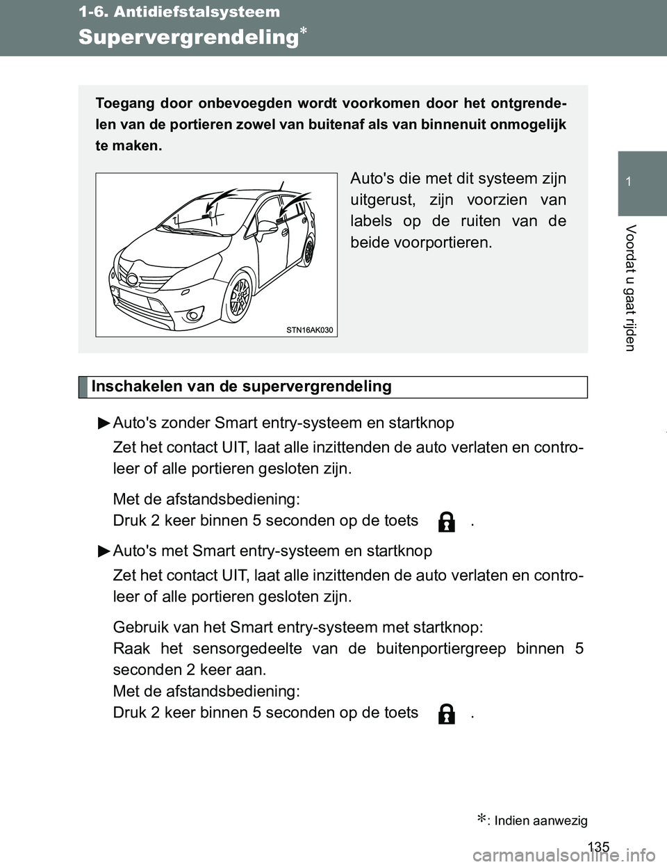 TOYOTA VERSO 2017 Instructieboekje (in Dutch) 135
1
1-6. Antidiefstalsysteem
Voordat u gaat rijden
VERSO_EE_OM64517E
Super vergrendeling∗
Inschakelen van de supervergrendeling
Auto's zonder Smart entry-systeem en startknop
Zet het contact U TOYOTA VERSO 2017 Instructieboekje (in Dutch) 135
1
1-6. Antidiefstalsysteem
Voordat u gaat rijden
VERSO_EE_OM64517E
Super vergrendeling∗
Inschakelen van de supervergrendeling
Auto's zonder Smart entry-systeem en startknop
Zet het contact U