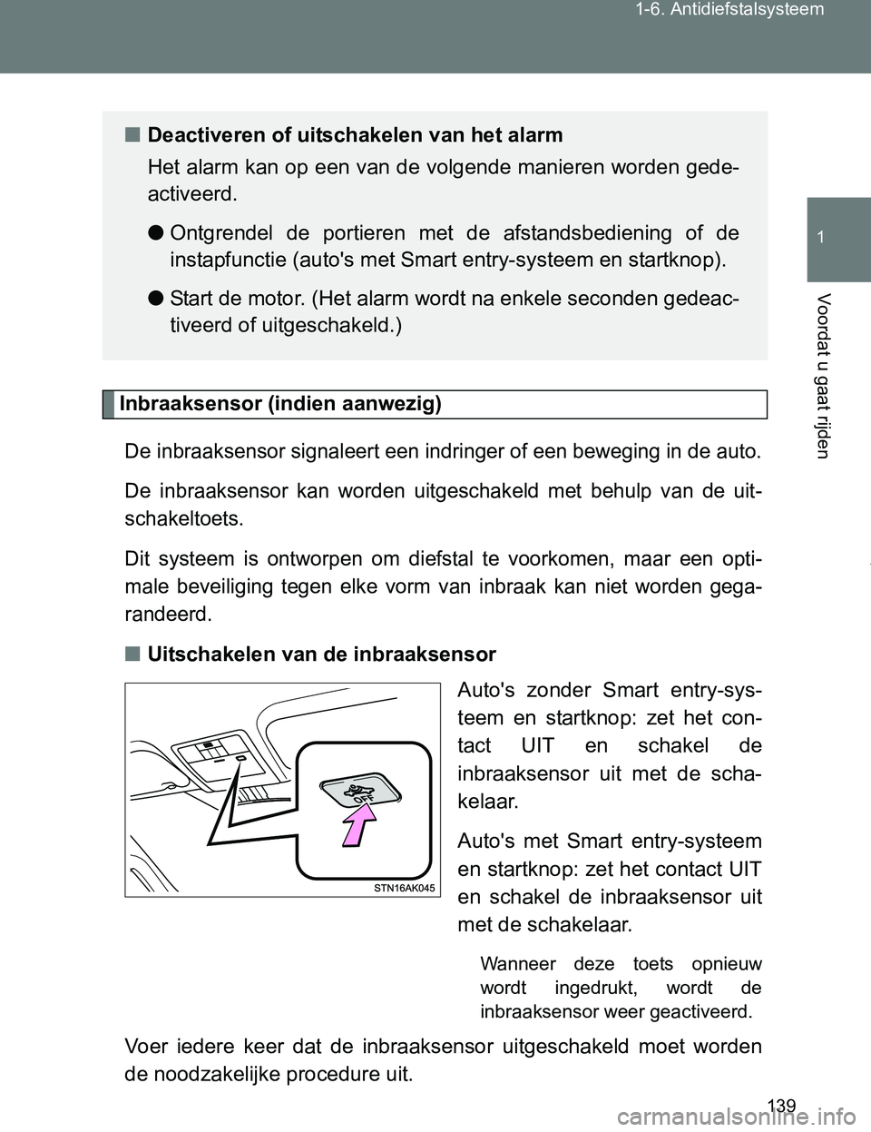 TOYOTA VERSO 2017 Instructieboekje (in Dutch) 139 1-6. Antidiefstalsysteem
1
Voordat u gaat rijden
VERSO_EE_OM64517E
Inbraaksensor (indien aanwezig)
De inbraaksensor signaleert een indringer of een beweging in de auto.
De inbraaksensor kan wor TOYOTA VERSO 2017 Instructieboekje (in Dutch) 139 1-6. Antidiefstalsysteem
1
Voordat u gaat rijden
VERSO_EE_OM64517E
Inbraaksensor (indien aanwezig)
De inbraaksensor signaleert een indringer of een beweging in de auto.
De inbraaksensor kan wor