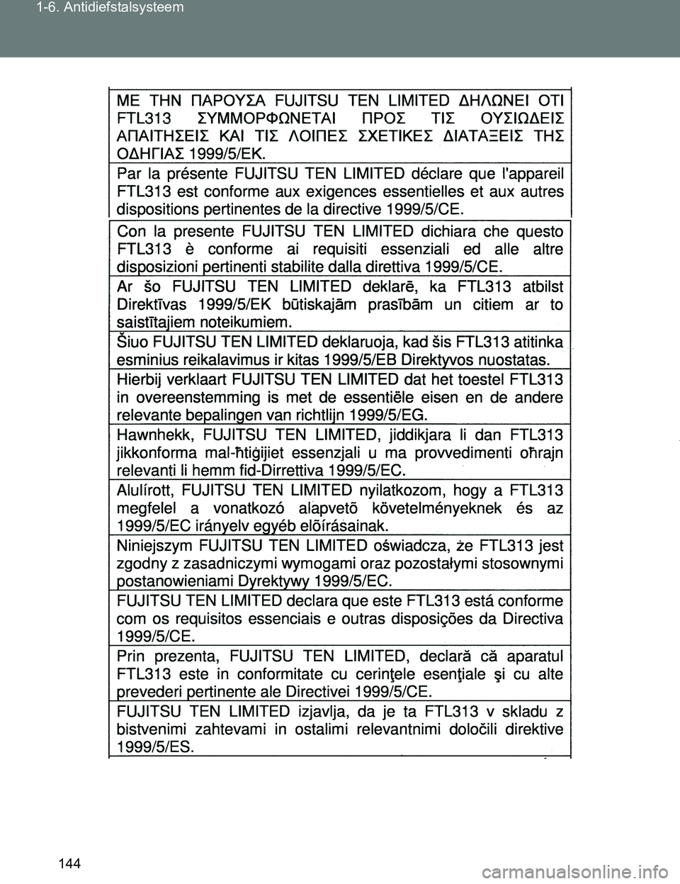 TOYOTA VERSO 2017 Instructieboekje (in Dutch) 144 1-6. Antidiefstalsysteem
VERSO_EE_OM64517E
VERSO_OM_Europe_OM64517E.book Page 144 Wednesday, December 14, 2016 3:33 PM TOYOTA VERSO 2017 Instructieboekje (in Dutch) 144 1-6. Antidiefstalsysteem
VERSO_EE_OM64517E
VERSO_OM_Europe_OM64517E.book Page 144 Wednesday, December 14, 2016 3:33 PM