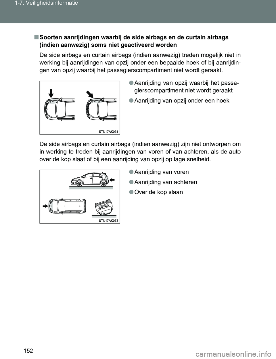 TOYOTA VERSO 2017 Instructieboekje (in Dutch) 152 1-7. Veiligheidsinformatie
VERSO_EE_OM64517E
■Soorten aanrijdingen waarbij de side airbags en de curtain airbags
(indien aanwezig) soms niet geactiveerd worden
De side airbags en curtain airbag TOYOTA VERSO 2017 Instructieboekje (in Dutch) 152 1-7. Veiligheidsinformatie
VERSO_EE_OM64517E
■Soorten aanrijdingen waarbij de side airbags en de curtain airbags
(indien aanwezig) soms niet geactiveerd worden
De side airbags en curtain airbag