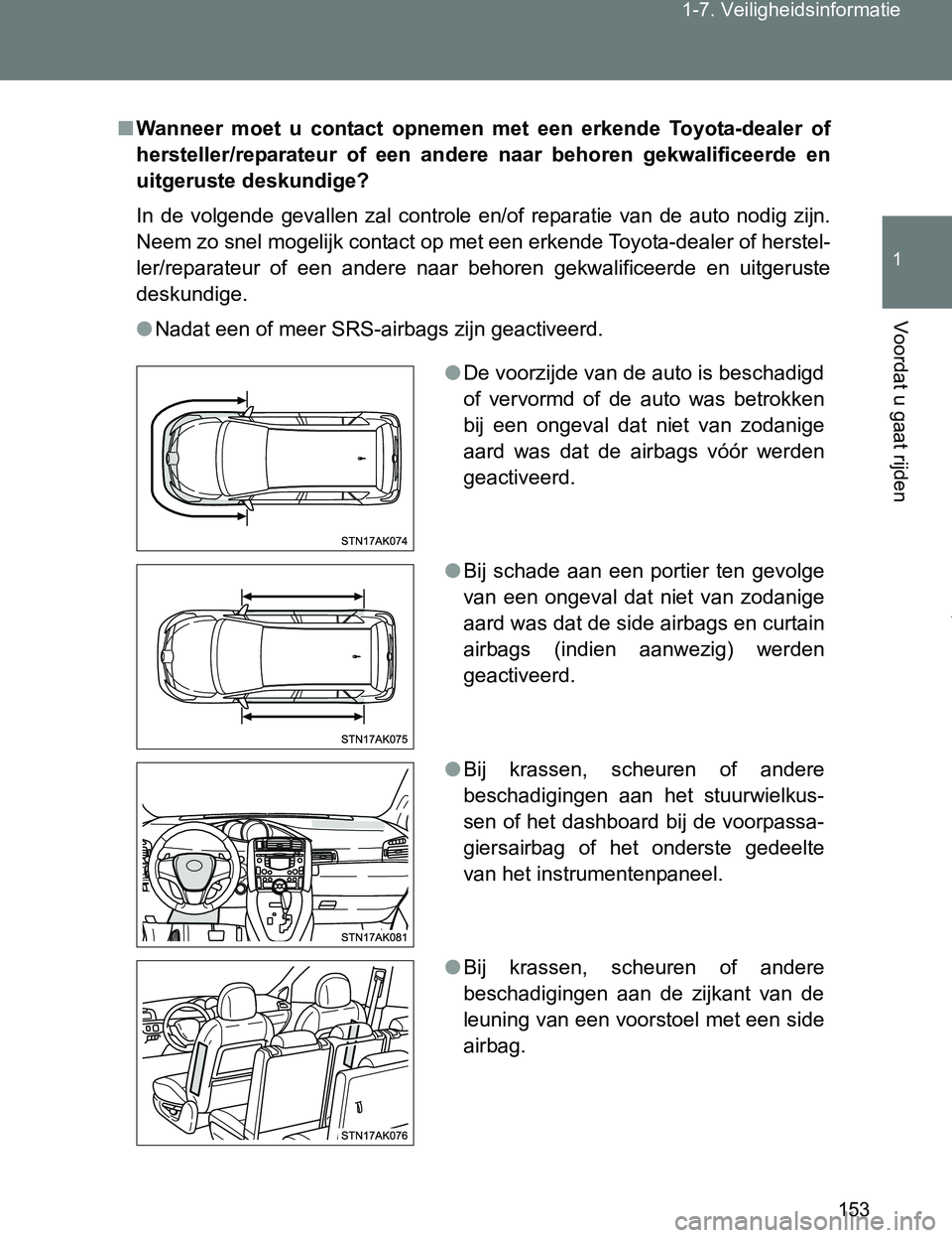 TOYOTA VERSO 2017 Instructieboekje (in Dutch) 153 1-7. Veiligheidsinformatie
1
Voordat u gaat rijden
VERSO_EE_OM64517E
■Wanneer moet u contact opnemen met een erkende Toyota-dealer of
hersteller/reparateur of een andere naar behor TOYOTA VERSO 2017 Instructieboekje (in Dutch) 153 1-7. Veiligheidsinformatie
1
Voordat u gaat rijden
VERSO_EE_OM64517E
■Wanneer moet u contact opnemen met een erkende Toyota-dealer of
hersteller/reparateur of een andere naar behor
