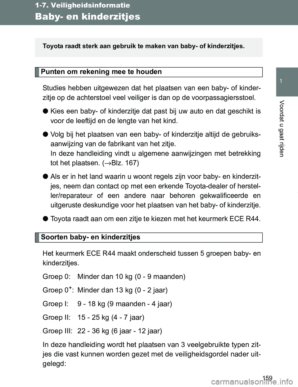 TOYOTA VERSO 2017 Instructieboekje (in Dutch) 159
1
1-7. Veiligheidsinformatie
Voordat u gaat rijden
VERSO_EE_OM64517E
Baby- en kinderzitjes
Punten om rekening mee te houden
Studies hebben uitgewezen dat het plaatsen van een baby- of kind TOYOTA VERSO 2017 Instructieboekje (in Dutch) 159
1
1-7. Veiligheidsinformatie
Voordat u gaat rijden
VERSO_EE_OM64517E
Baby- en kinderzitjes
Punten om rekening mee te houden
Studies hebben uitgewezen dat het plaatsen van een baby- of kind