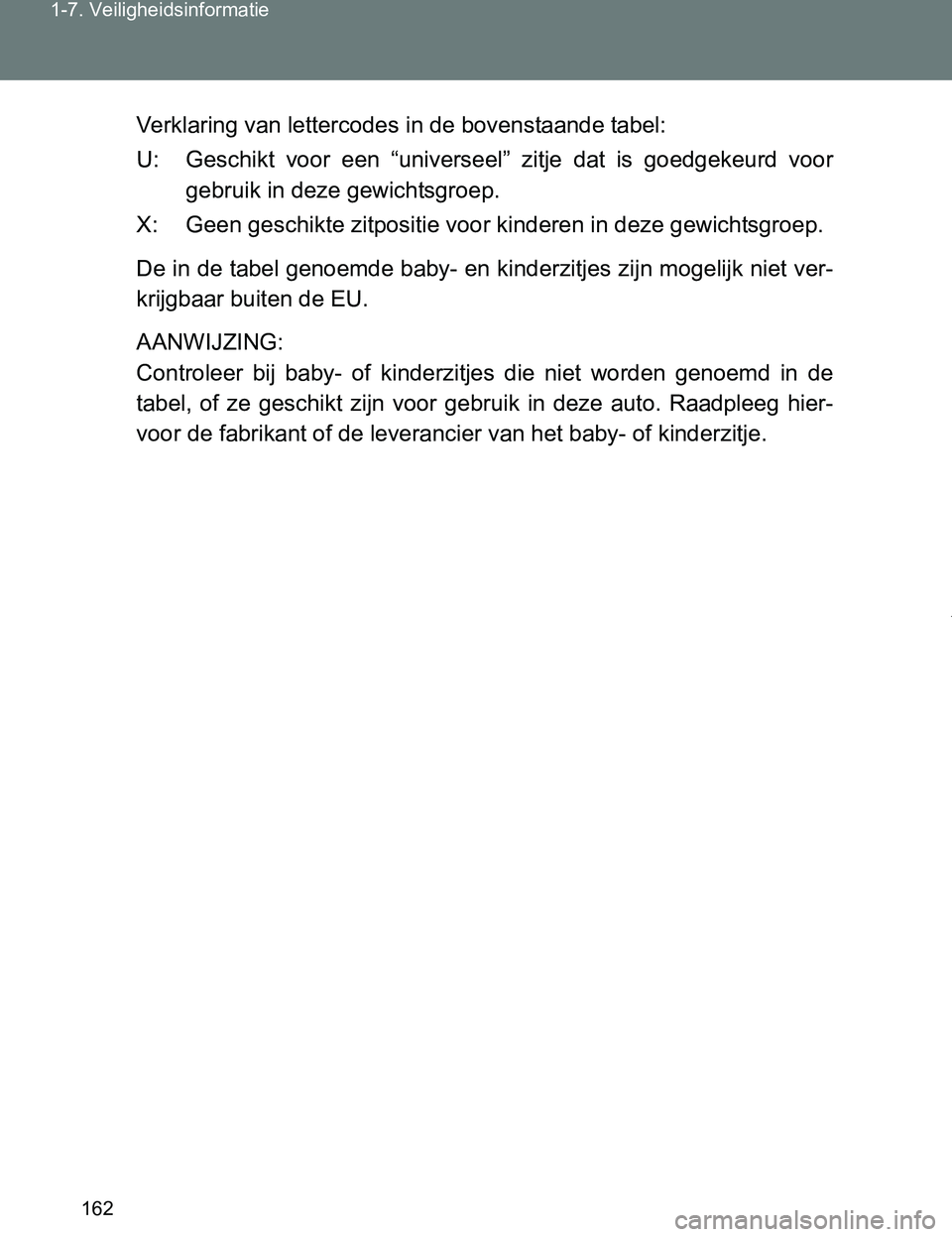TOYOTA VERSO 2017 Instructieboekje (in Dutch) 162 1-7. Veiligheidsinformatie
VERSO_EE_OM64517EVerklaring van lettercodes in de bovenstaande tabel:
U: Geschikt voor een “universeel” zitje dat is goedgekeurd voor
gebruik in deze gewicht TOYOTA VERSO 2017 Instructieboekje (in Dutch) 162 1-7. Veiligheidsinformatie
VERSO_EE_OM64517EVerklaring van lettercodes in de bovenstaande tabel:
U: Geschikt voor een “universeel” zitje dat is goedgekeurd voor
gebruik in deze gewicht
