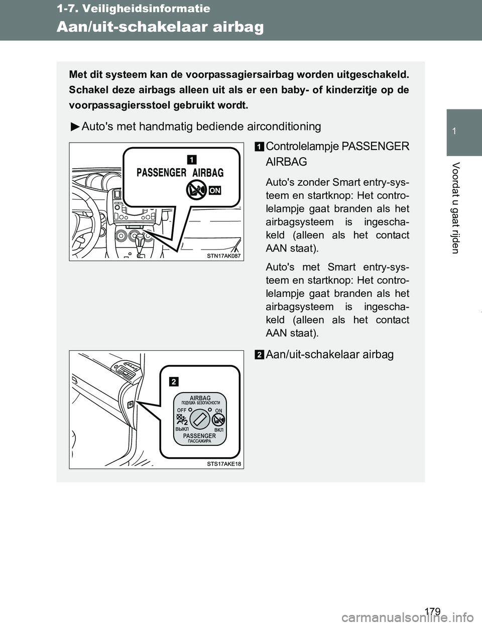 TOYOTA VERSO 2017 Instructieboekje (in Dutch) 179
1
1-7. Veiligheidsinformatie
Voordat u gaat rijden
VERSO_EE_OM64517E
Aan/uit-schakelaar airbag
Met dit systeem kan de voorpassagiersairbag worden uitgeschakeld.
Schakel deze airbags alleen uit TOYOTA VERSO 2017 Instructieboekje (in Dutch) 179
1
1-7. Veiligheidsinformatie
Voordat u gaat rijden
VERSO_EE_OM64517E
Aan/uit-schakelaar airbag
Met dit systeem kan de voorpassagiersairbag worden uitgeschakeld.
Schakel deze airbags alleen uit